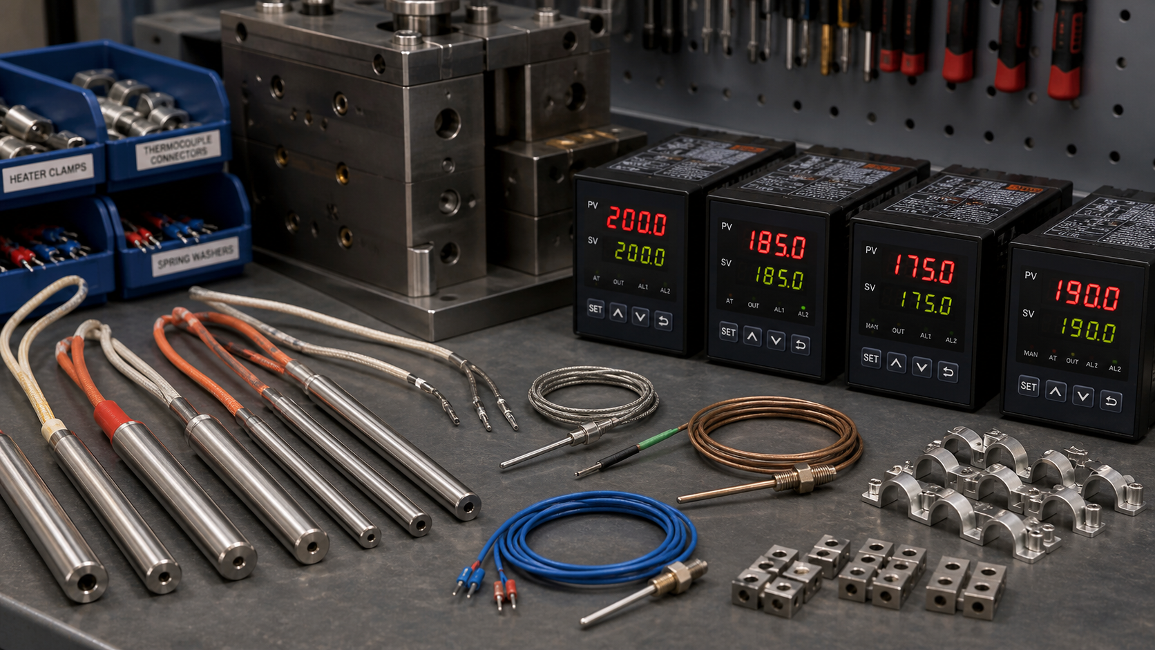Selecting Hardware Based on Measured Thermal Uniformity An assortment of cartridge heaters, thermocouples, and PID temperature controllers laid out on a workbench.