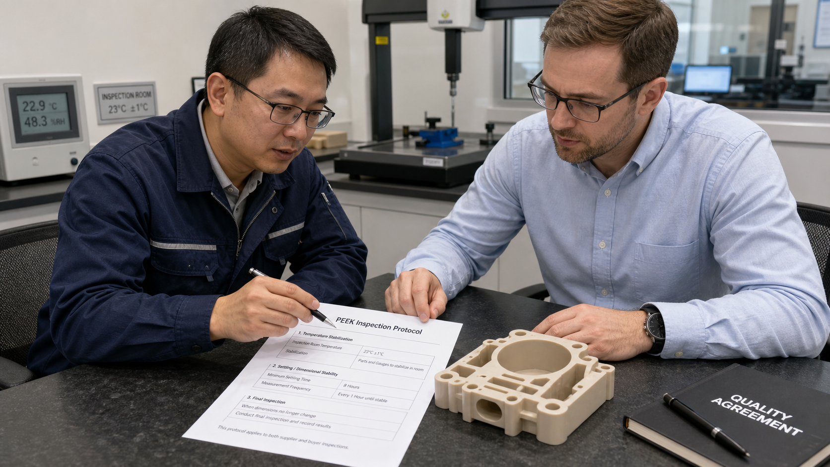 A supplier and a customer engineer collaboratively review an inspection document over a precision PEEK part on a table.