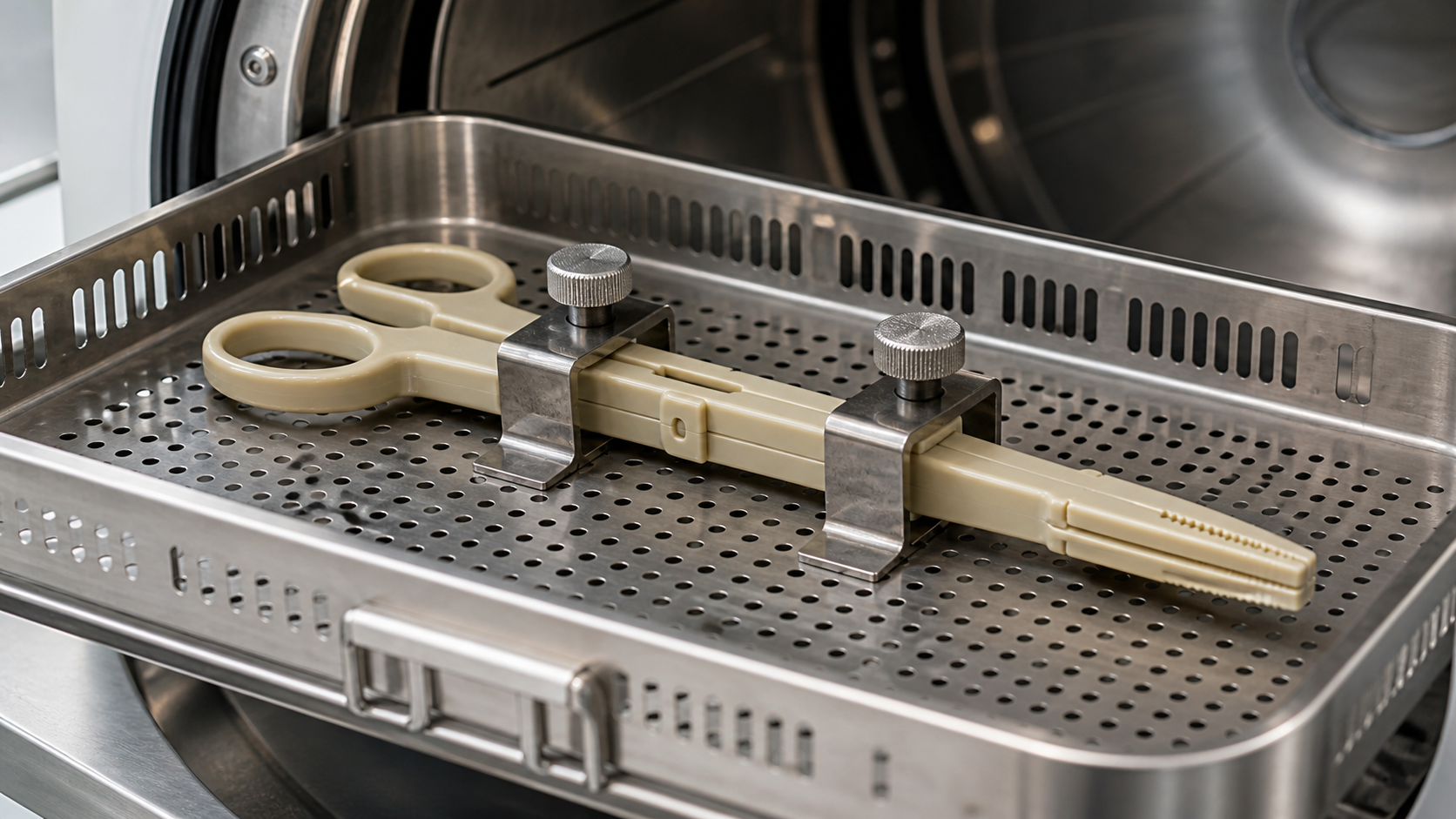 Visualizing Mechanical Stress During Autoclave Sterilization A PPSU surgical instrument clamped inside a metal sterilization tray before autoclaving.
