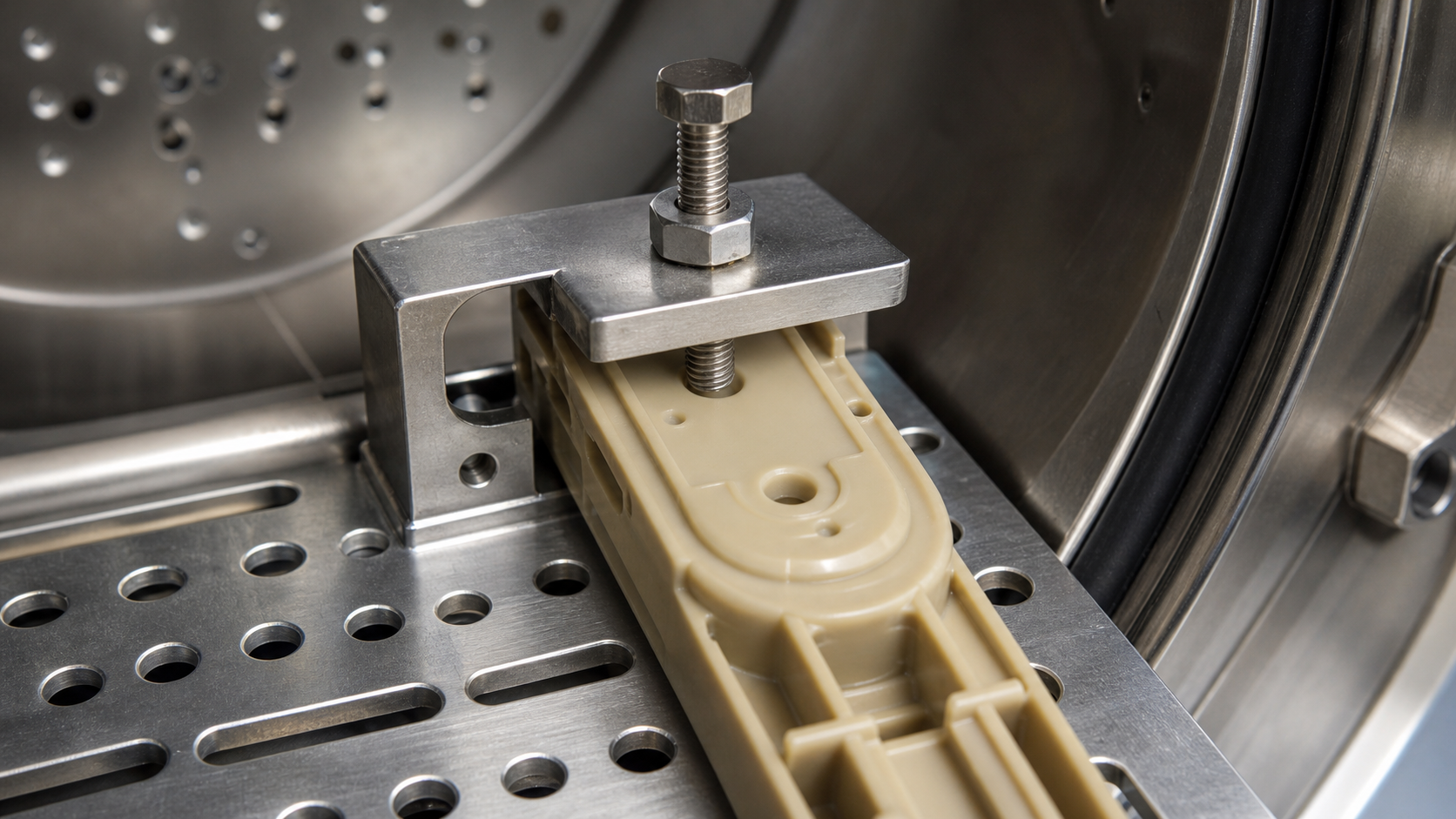 Fixture-Induced Stress Points on PPSU Components Close-up of a metal clamp pressing firmly on a PPSU component inside an autoclave.