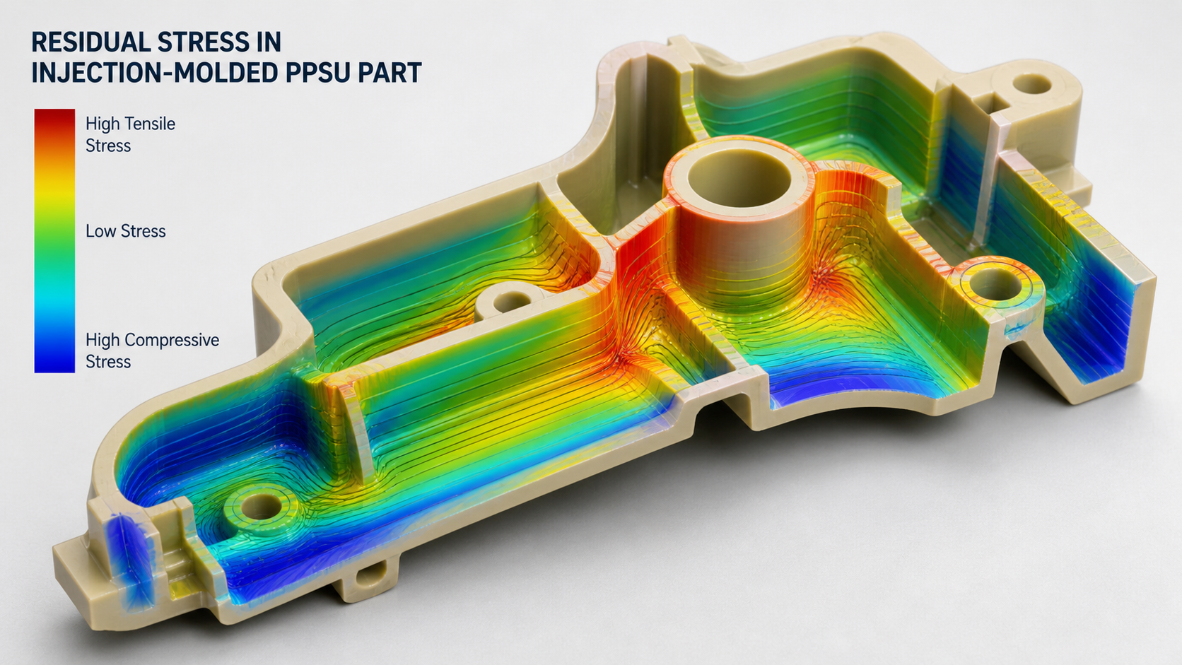 The Hidden Danger of Residual Molding Stress A diagram showing colorful stress lines within a newly injection-molded PPSU component.