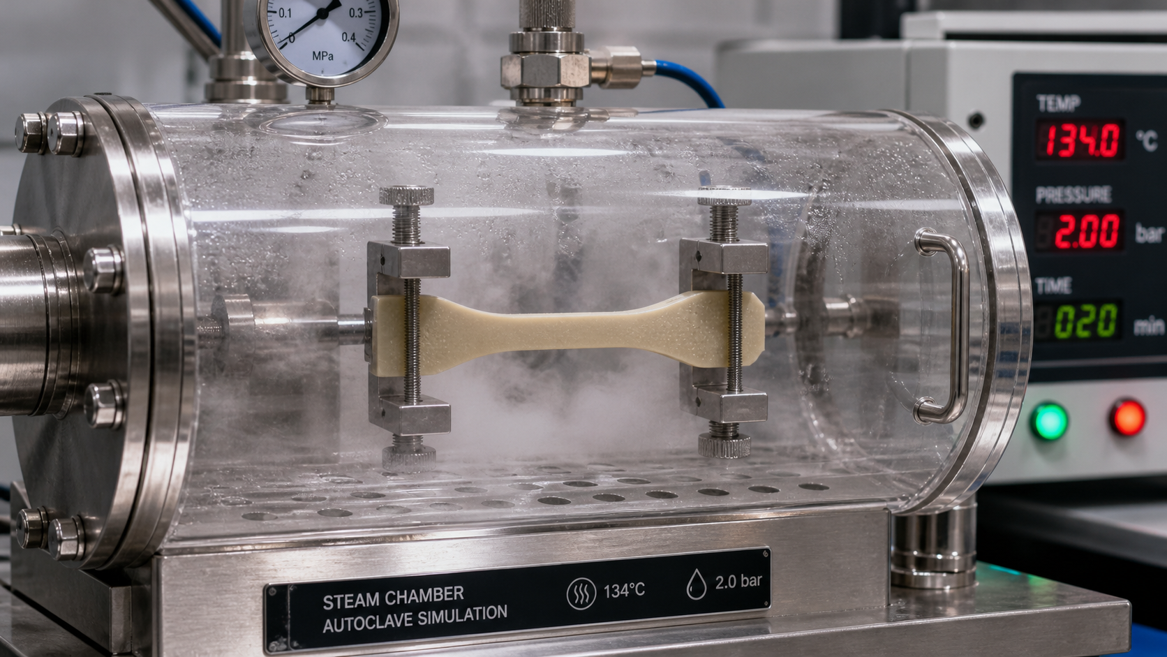 Simulating Real-World Sterilization with Combined-Exposure Testing A laboratory setup showing a stressed PPSU sample inside a transparent steam chamber.