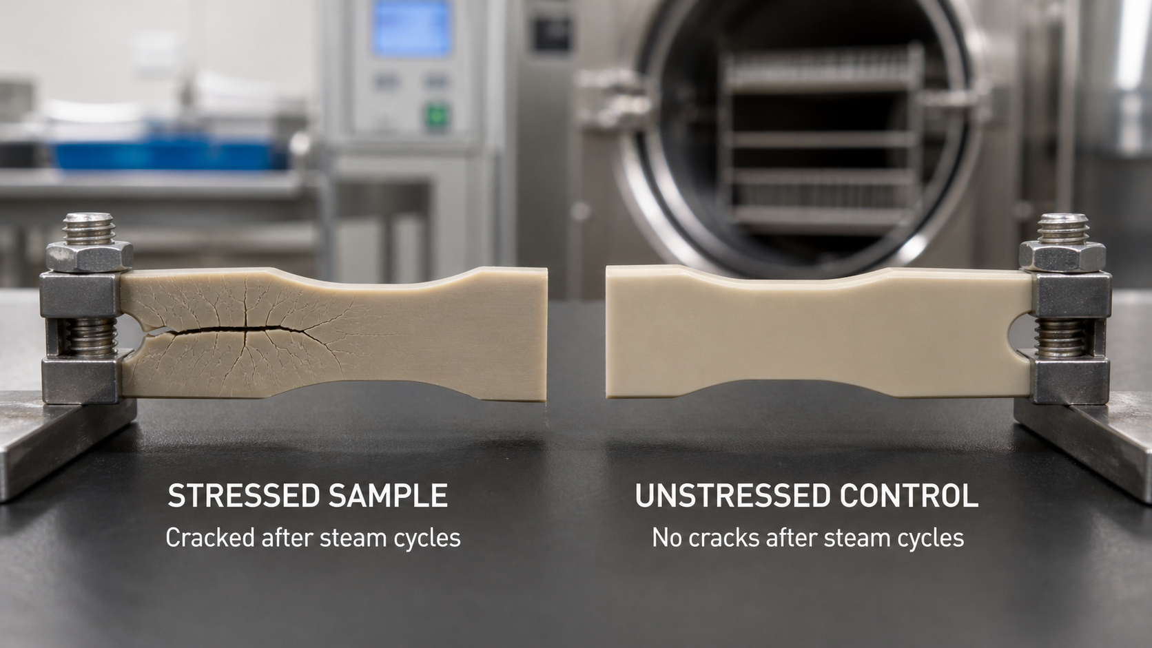 The Importance of a Control Sample in Stress Testing Side-by-side comparison of a cracked, stressed PPSU sample and an intact, unstressed control sample.