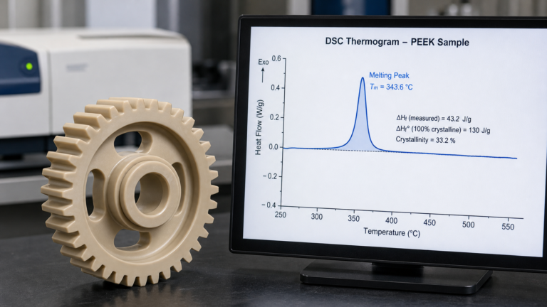 A beige PEEK gear component placed next to a DSC thermogram showing its crystallinity peak