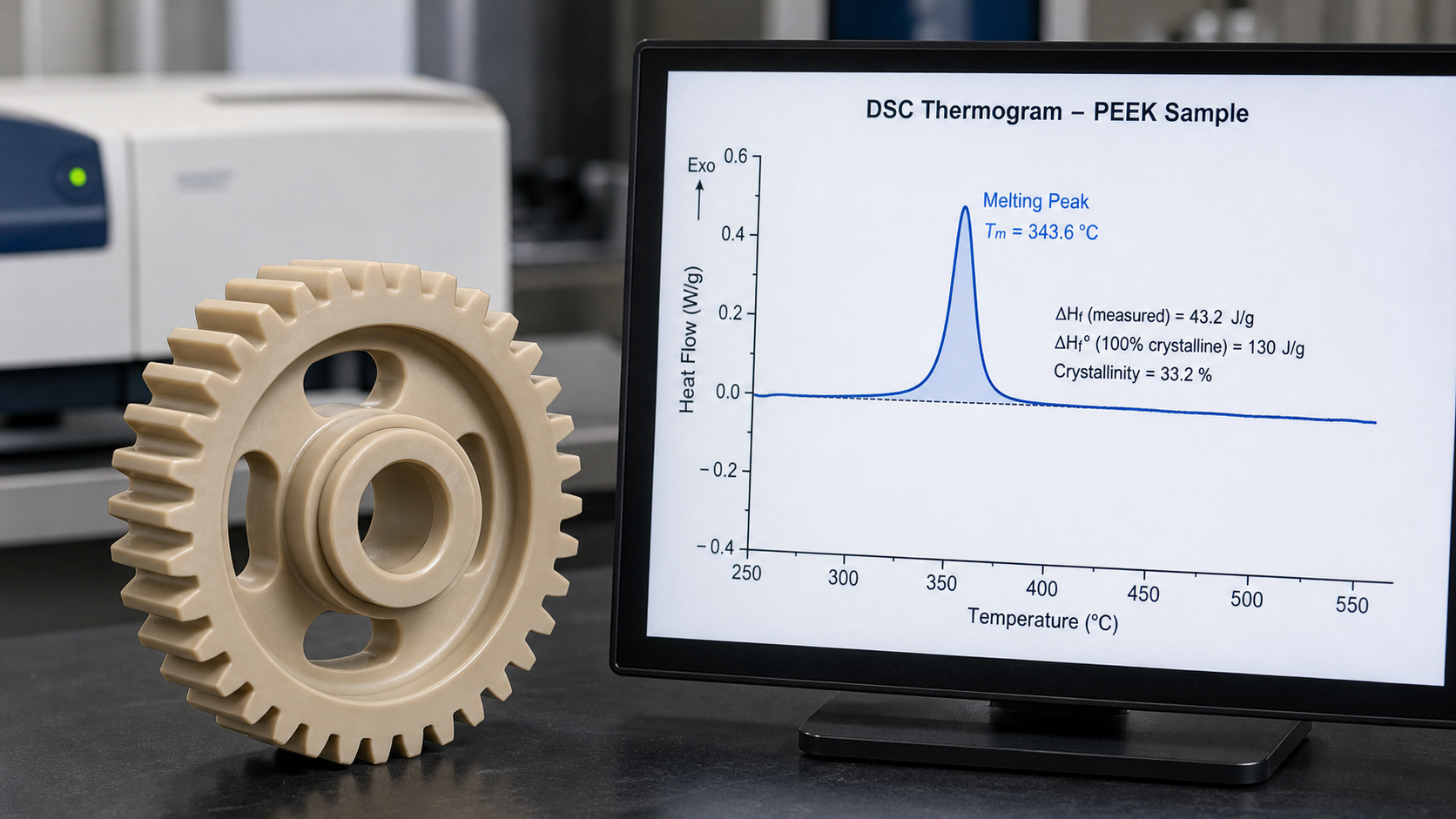 Visualizing PEEK Color Versus Scientific Crystallinity Data A beige PEEK gear component placed next to a DSC thermogram showing its crystallinity peak