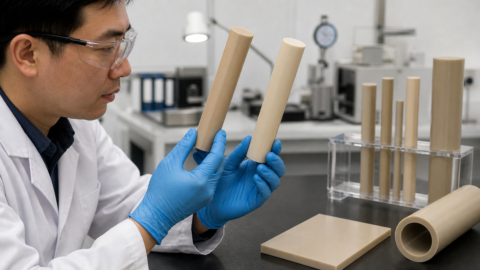 Comparing PEEK Color Variations for Crystallinity A lab technician visually inspecting two PEEK rods with different shades of beige