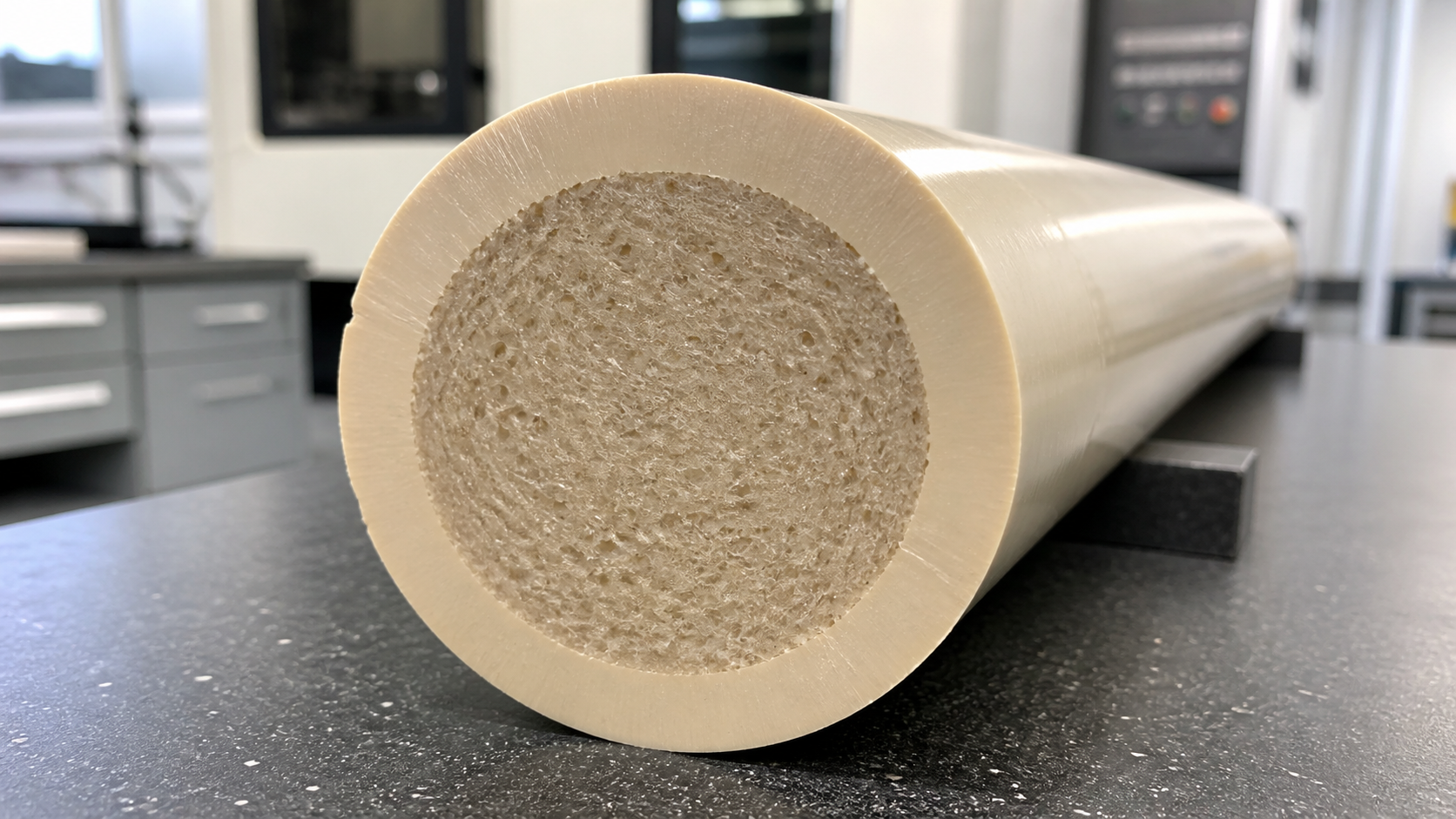 Analyzing PEEK Core and Surface Crystallinity A cross-section of a thick PEEK rod showing a different texture in the core versus the surface