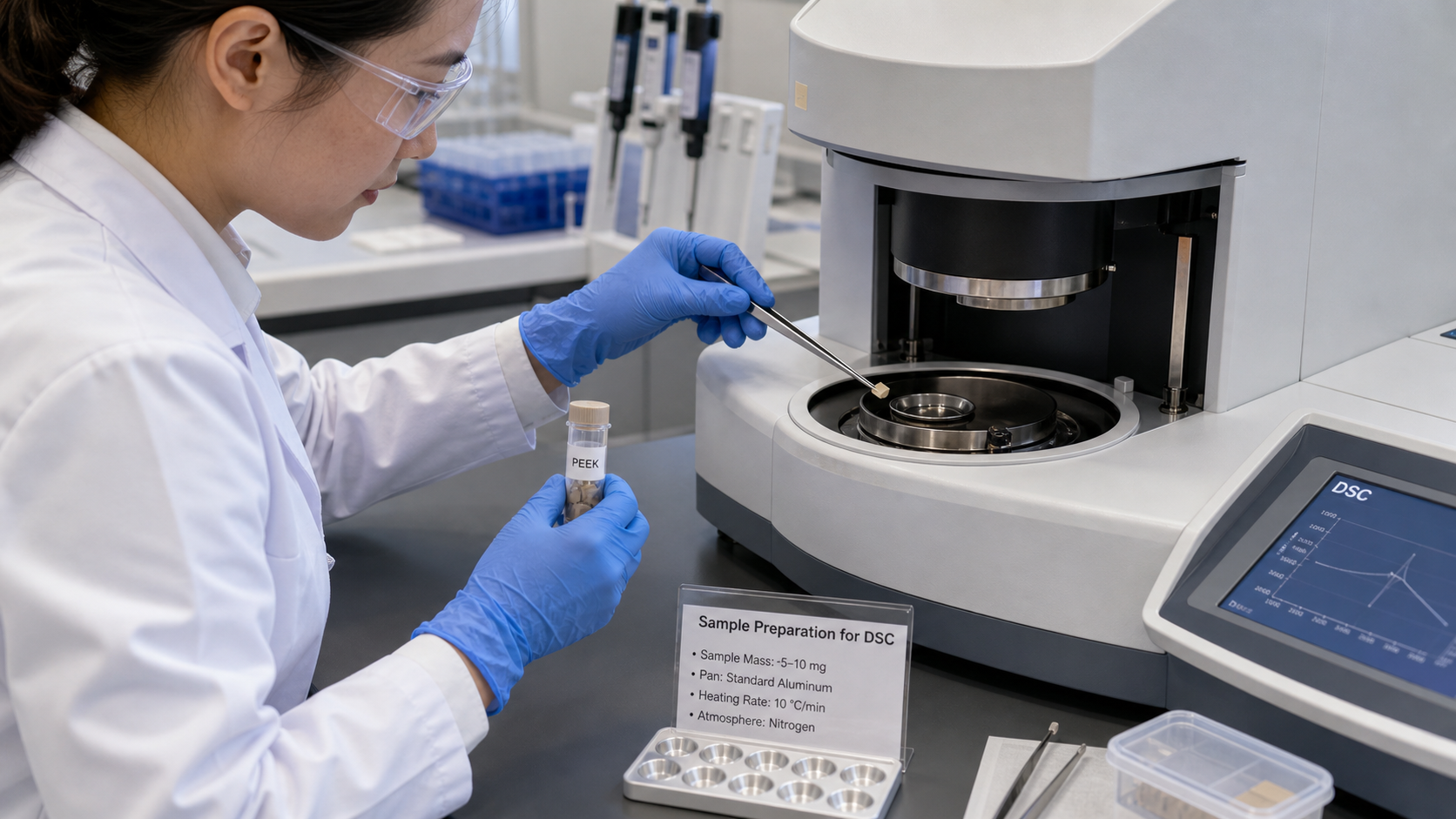 The DSC Method for Accurate PEEK Crystallinity Testing A scientist carefully preparing a tiny PEEK sample for analysis in a modern DSC machine