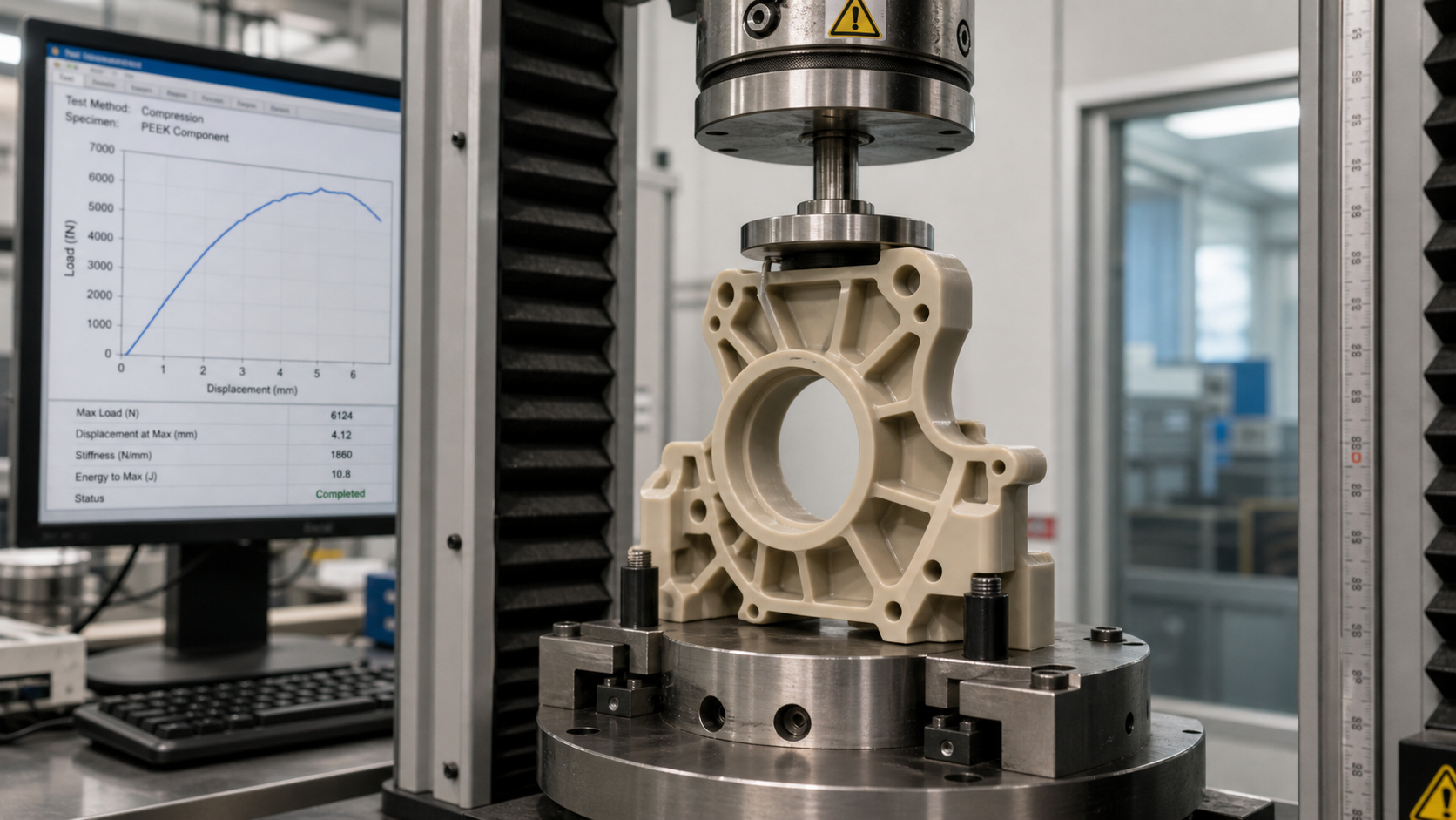 Functional Testing of PEEK Components for Performance A complex machined PEEK component undergoing a mechanical load test in an industrial setting