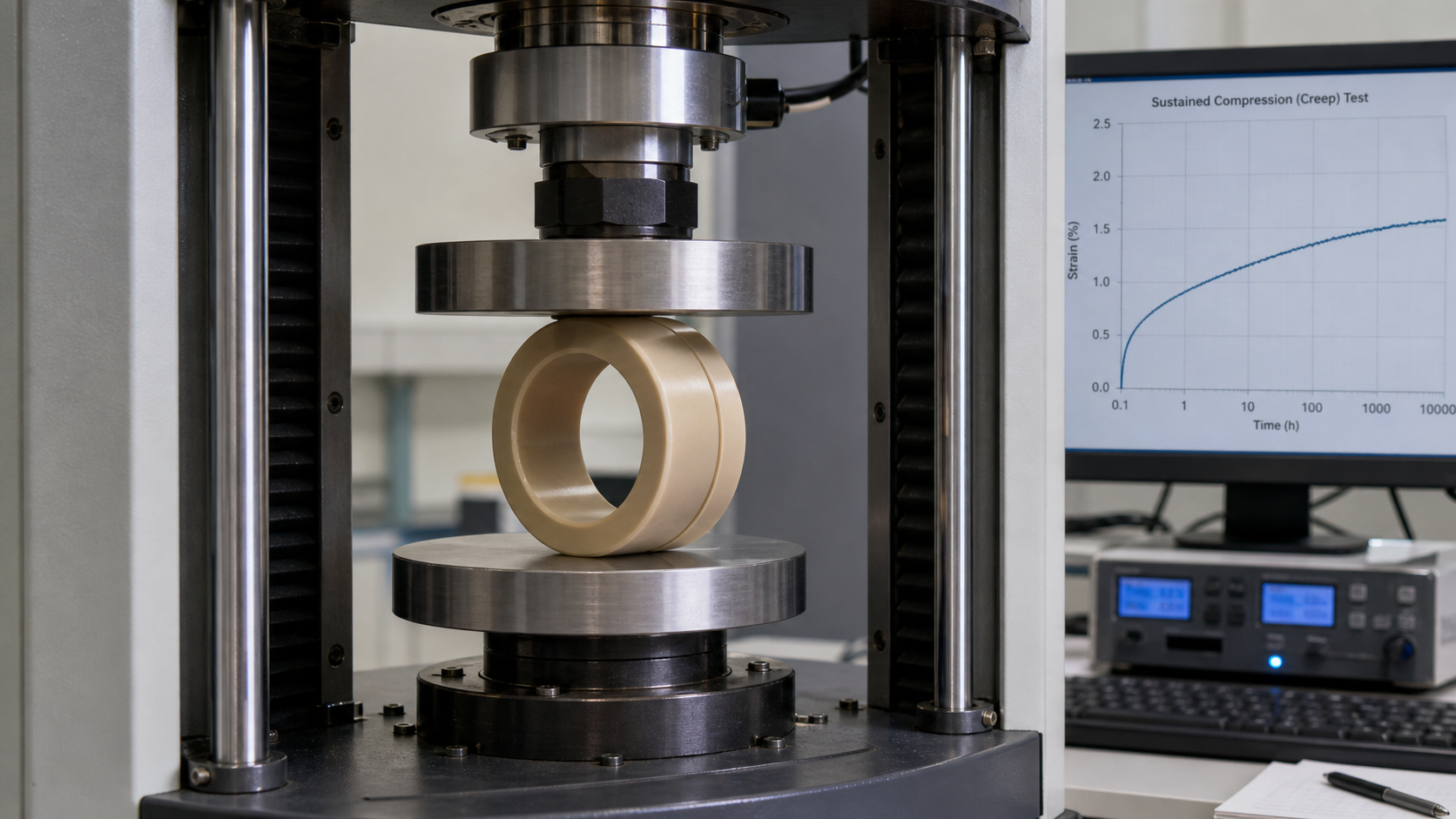 Evaluating PEEK Performance Under Sustained Compression A PEEK bearing component being subjected to a sustained compression test inside a laboratory machine.