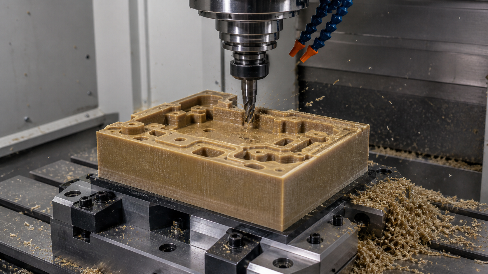 A CNC machine cutting a complex component from a block of glass-filled PEI material.