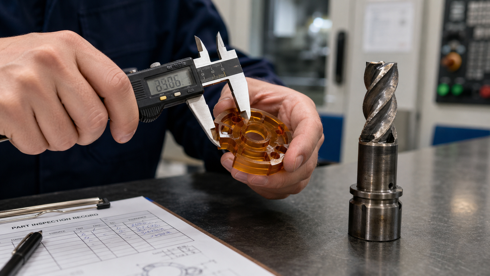 Inspector using a caliper to measure a finished amber-colored PEI component next to a worn carbide cutting tool.