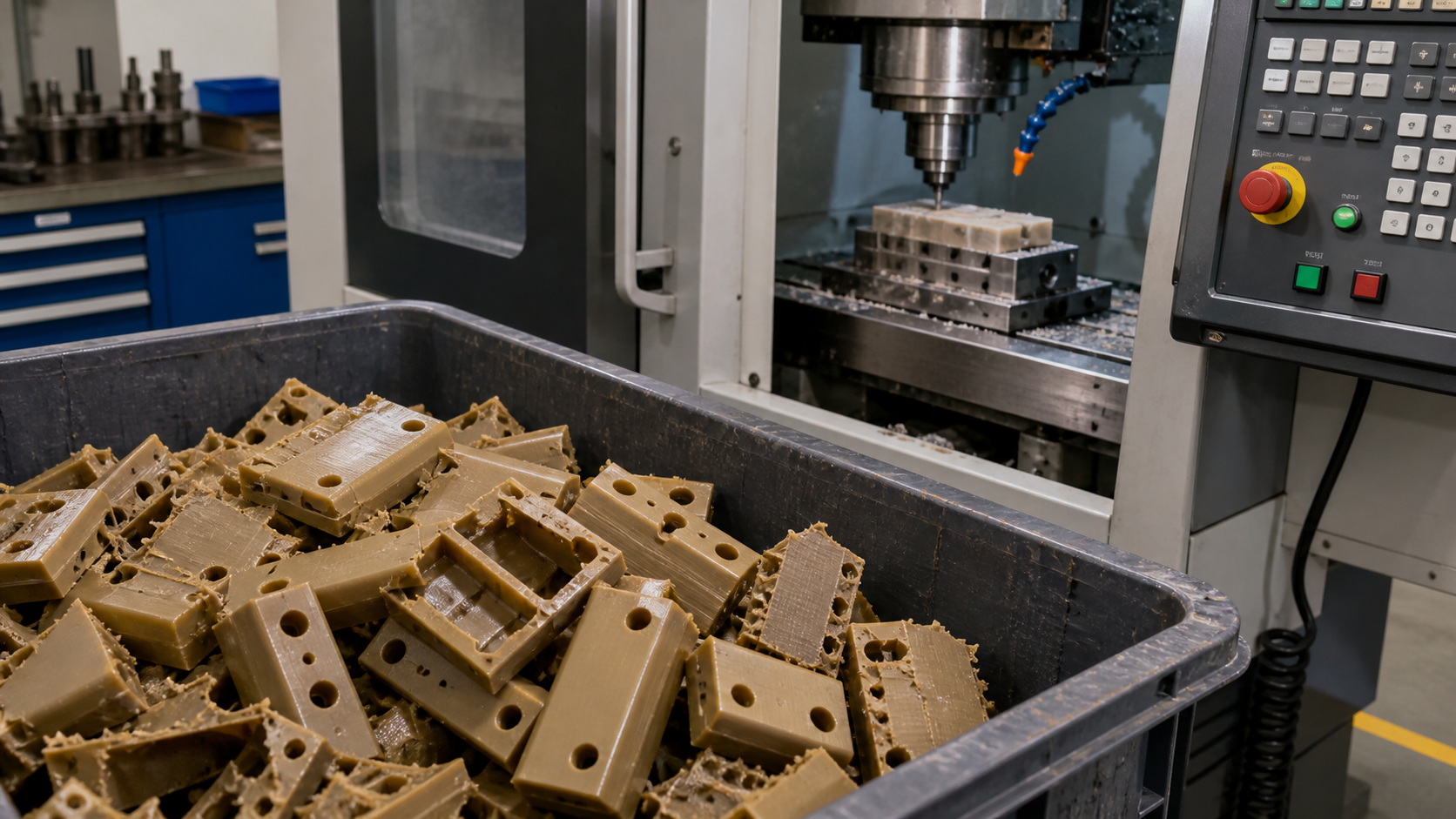 A pile of rejected, partially machined glass-filled PEI parts in a scrap bin next to a CNC machine.