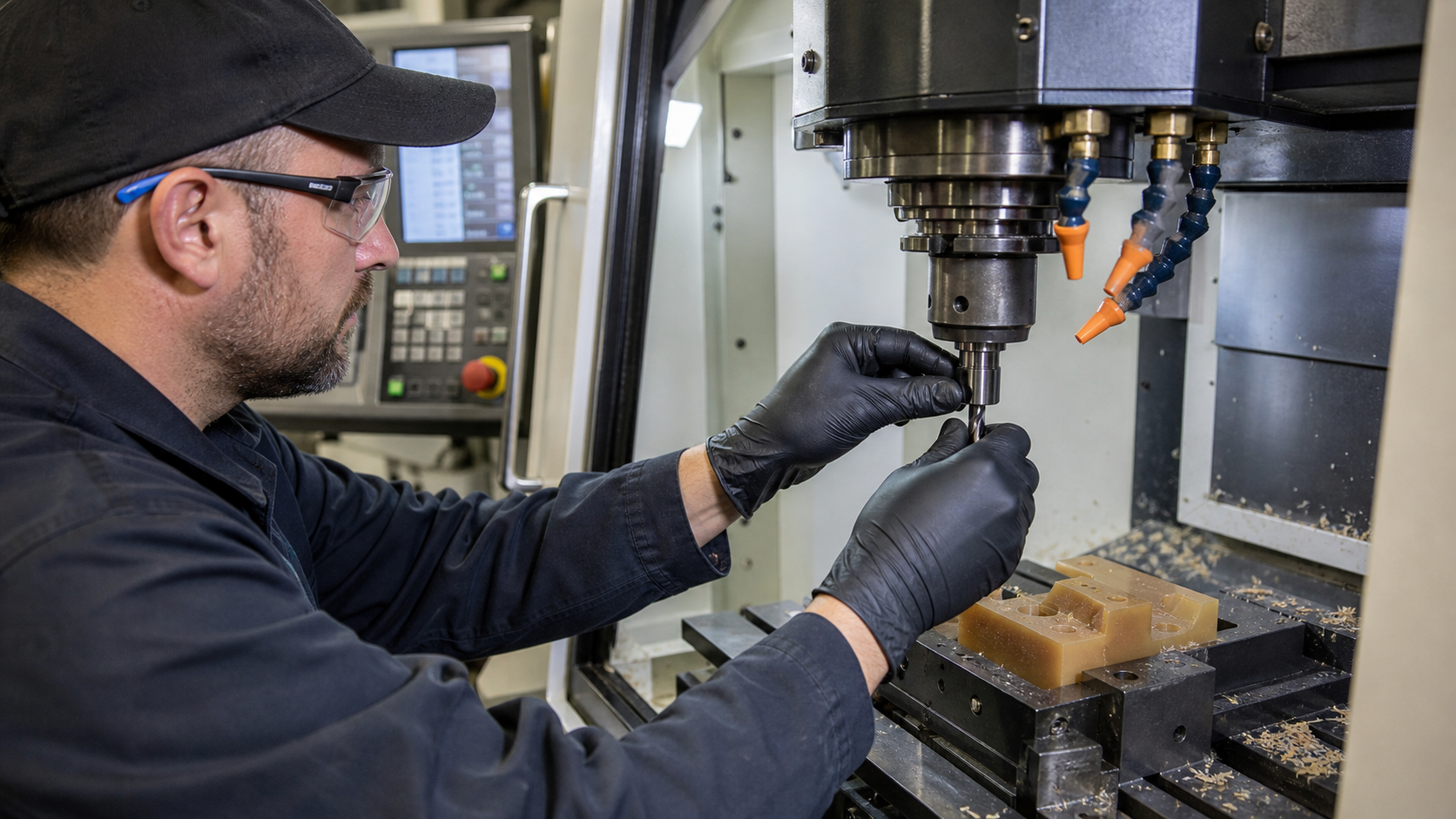 A machine operator carefully replacing a small cutting tool in the spindle of a modern CNC machining center.