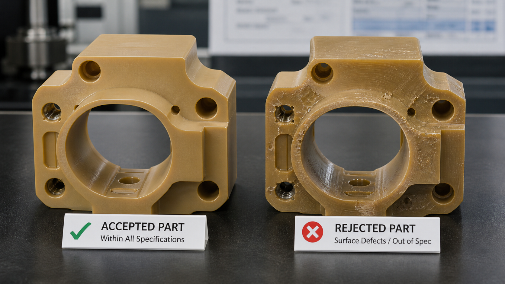 A side-by-side comparison of two identical PEI parts, one perfectly machined and one with surface flaws.
