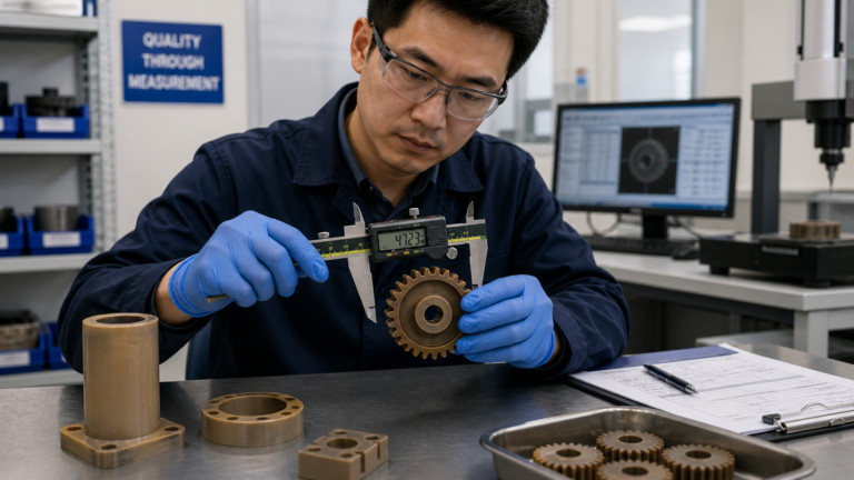 A quality control engineer uses a digital caliper to measure a brown injection-molded PEEK gear.