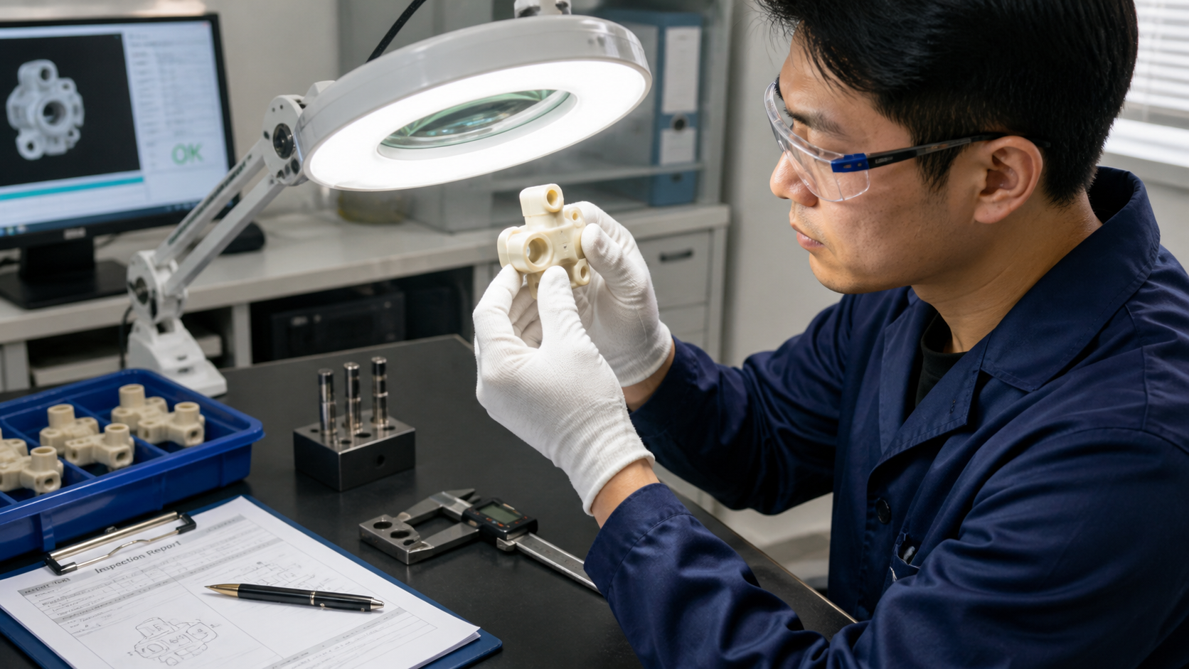Evaluating an As-Molded PEEK Component's Fitness An engineer in a lab inspects a cream-colored as-molded PEEK medical device component under a bright light.