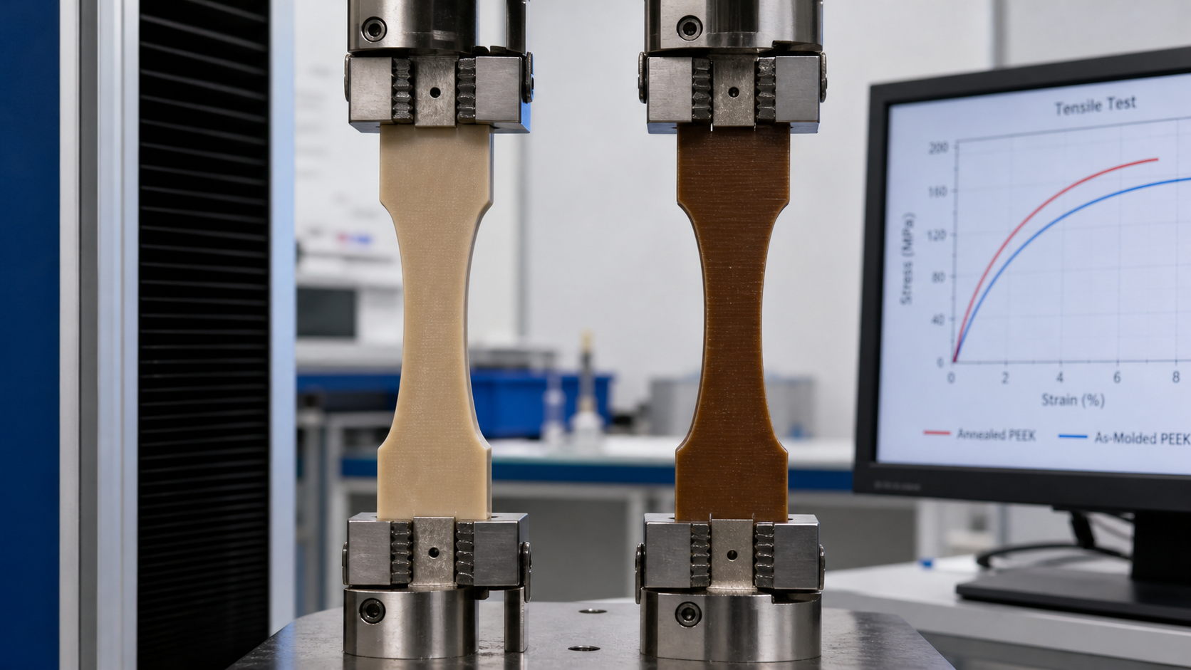 Comparing Untreated and Annealed PEEK Part Performance A side-by-side comparison of two PEEK parts, one darker (annealed) and one lighter, being prepared for a tensile strength test.