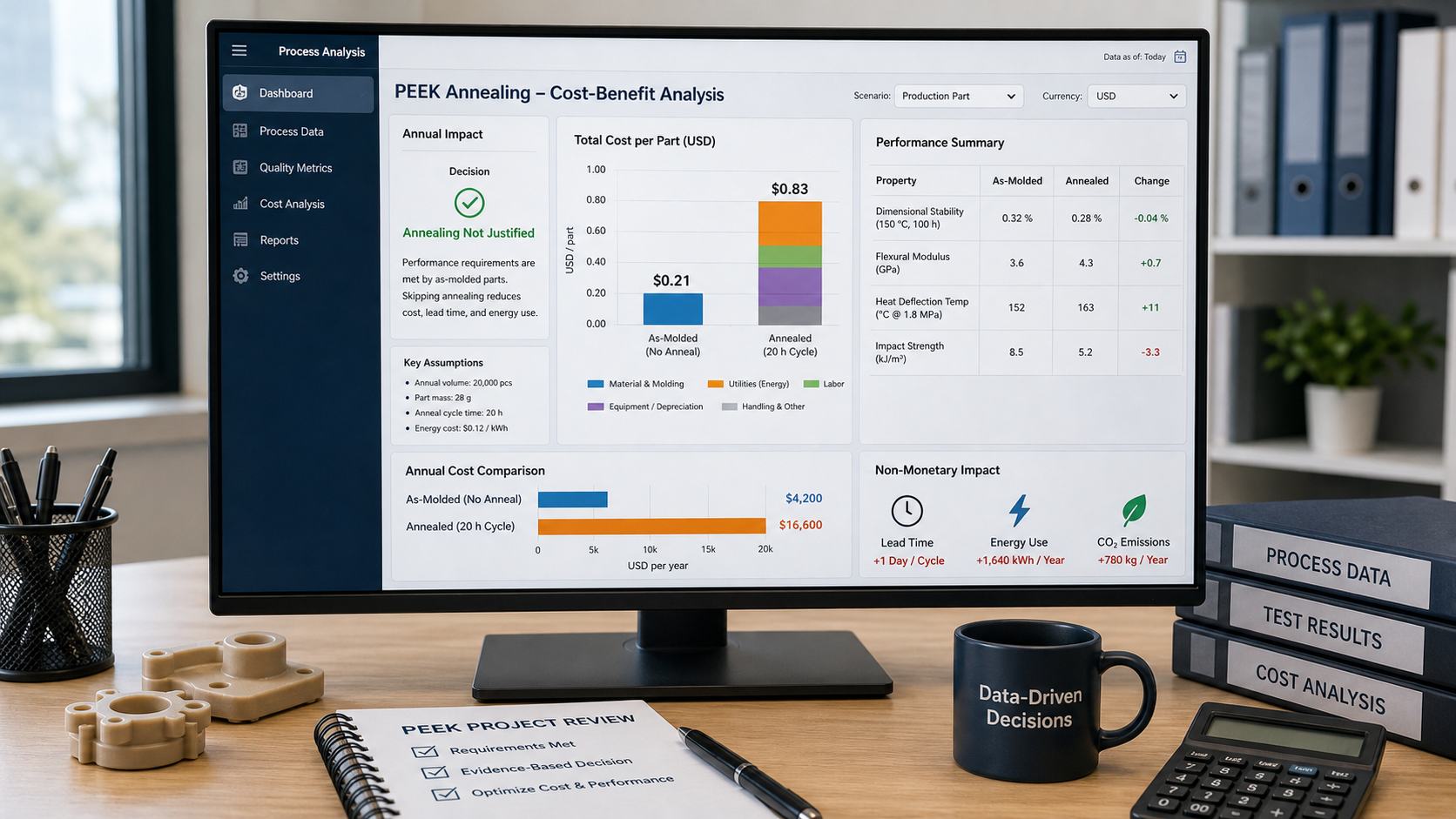 Analyzing the Justification for PEEK Annealing A business dashboard on a monitor showing a cost-benefit analysis chart for an industrial manufacturing process.