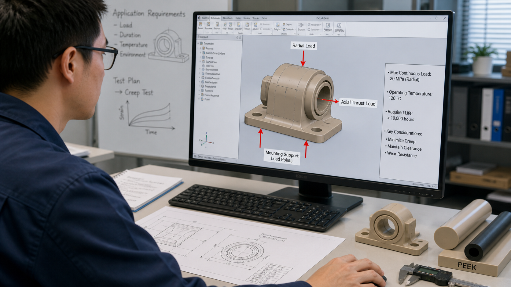 Defining Test Parameters from Application Needs An engineer analyzing a 3D CAD model on a computer to determine load points on a PEEK part.
