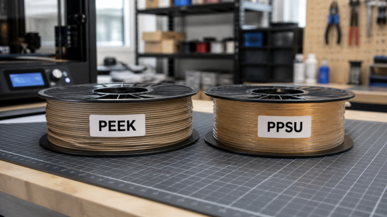 Two spools of 3D printing filament, one labeled PEEK and one PPSU, on a workbench.