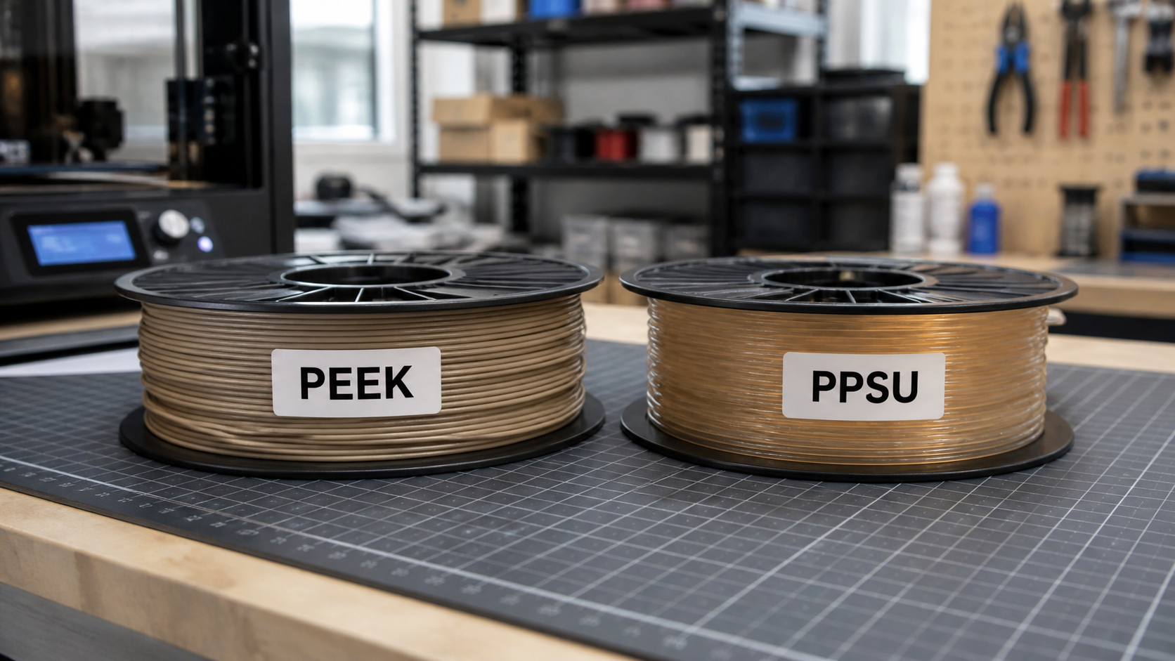 Comparing PEEK and PPSU Filaments for 3D Printing Two spools of 3D printing filament, one labeled PEEK and one PPSU, on a workbench.