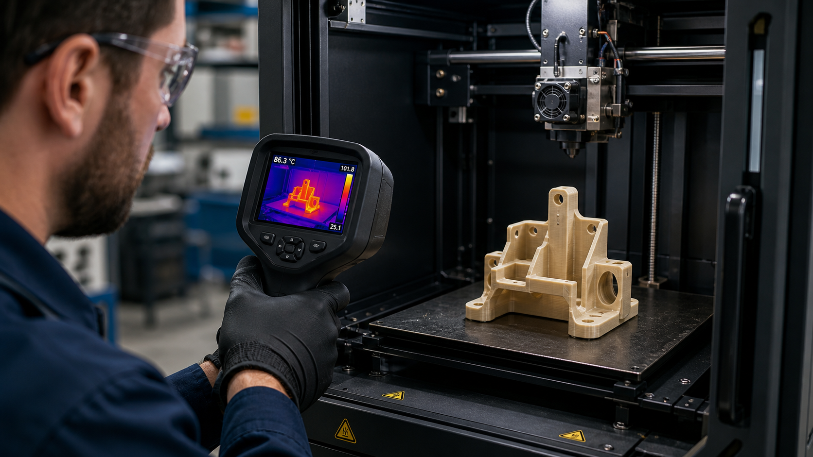 Defining a Printed Part's Operating Environment An engineer using a thermal camera to measure a 3D printed polymer part inside an industrial machine.