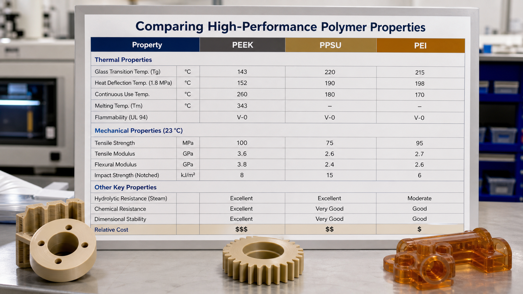 Comparing High-Performance Polymer Properties A performance comparison chart showing the thermal and mechanical properties of PEEK, PPSU, and PEI polymers.