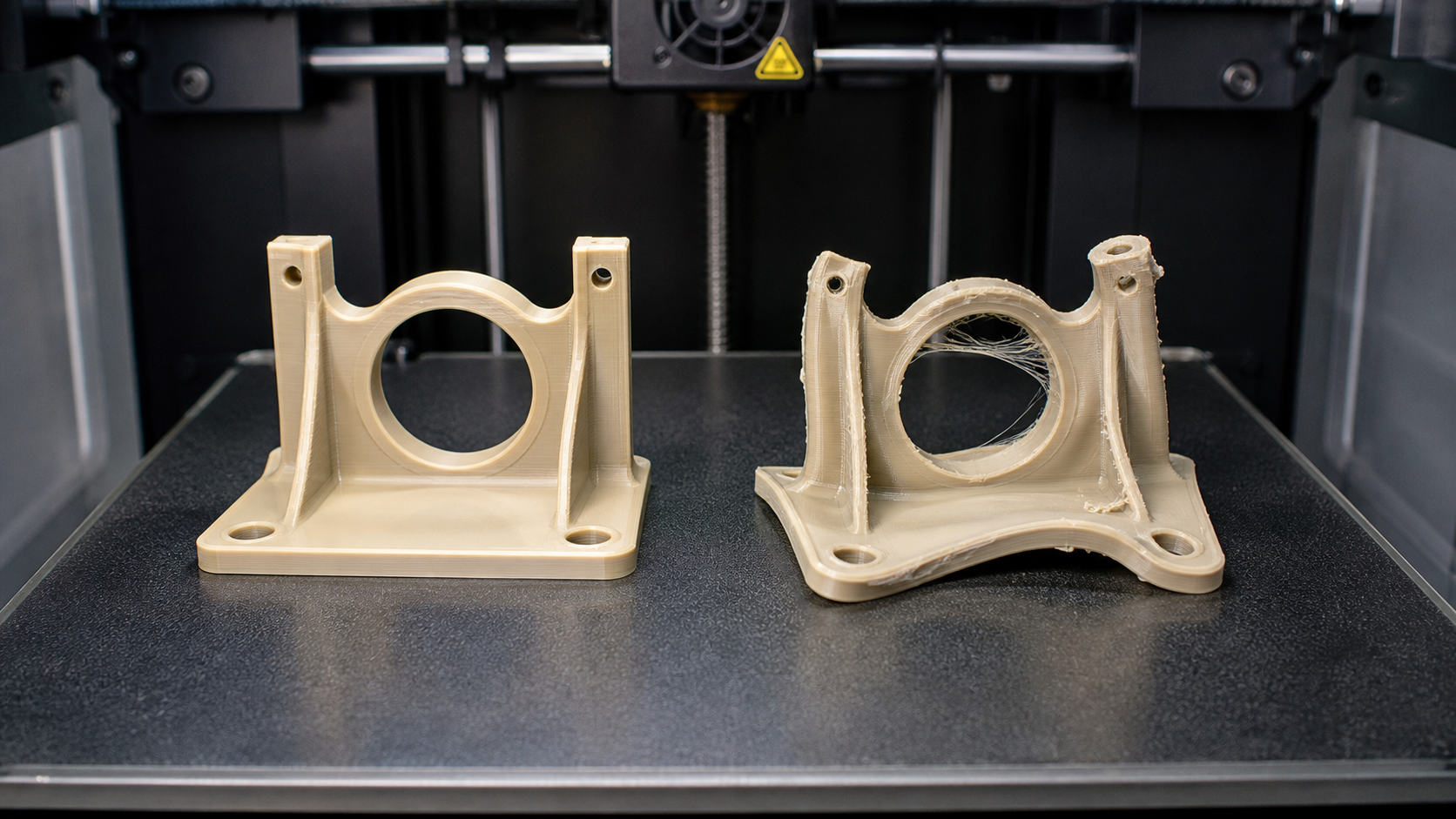The Impact of Print Yield on Total Part Cost A 3D printer bed showing a perfectly printed component next to a warped, failed print of the same part.