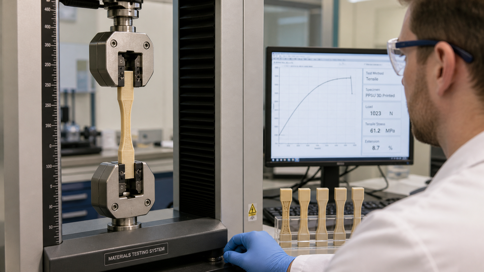 Qualifying an Alternative Polymer Through Testing A lab technician performing a tensile strength test on a 3D printed PPSU test coupon.