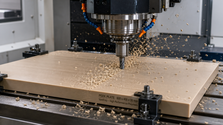 A CNC machine cutting into a large sheet of PEEK polymer with chips flying off the endmill