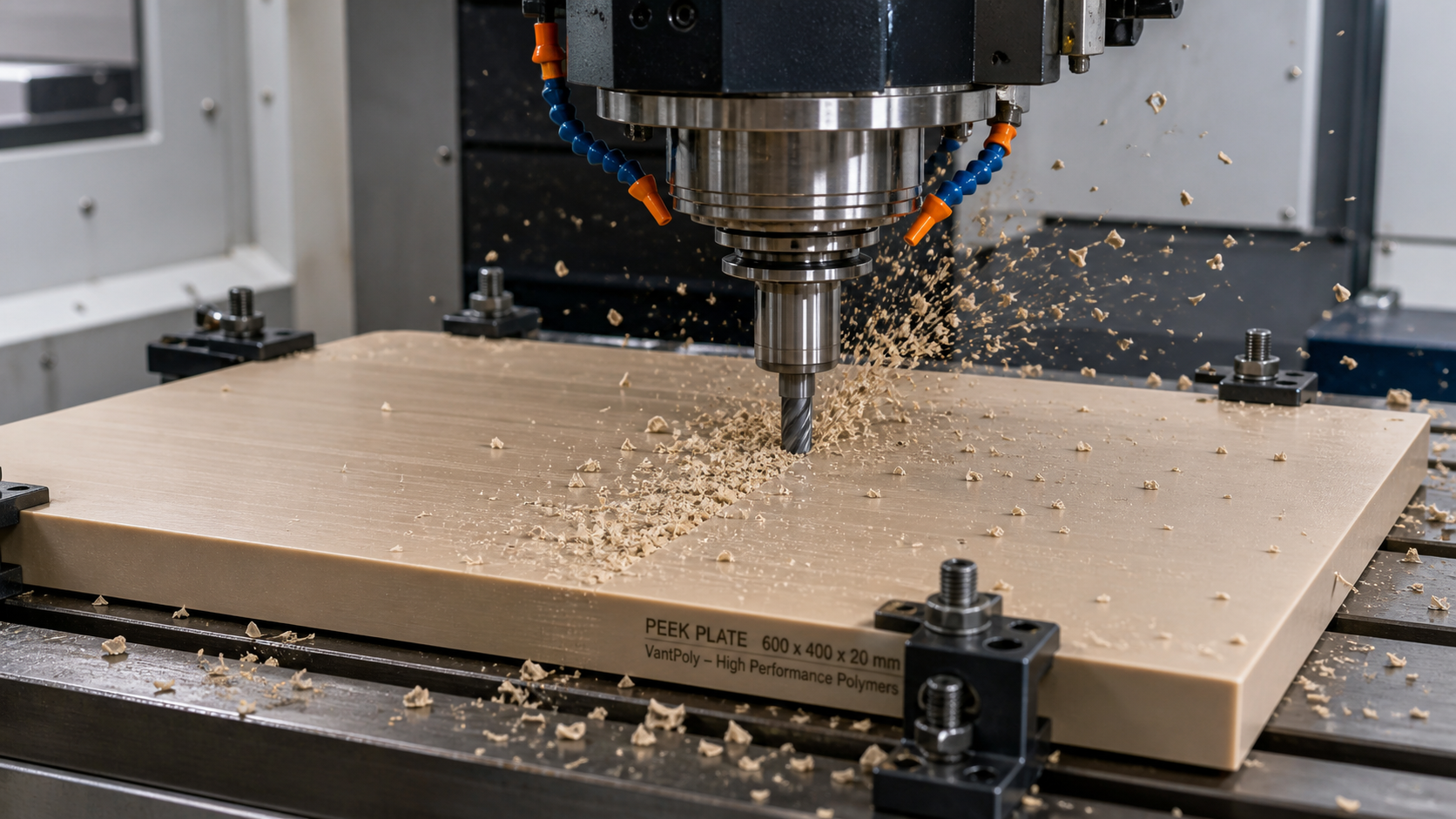 Machining PEEK Plate to Reduce Internal Stress A CNC machine cutting into a large sheet of PEEK polymer with chips flying off the endmill