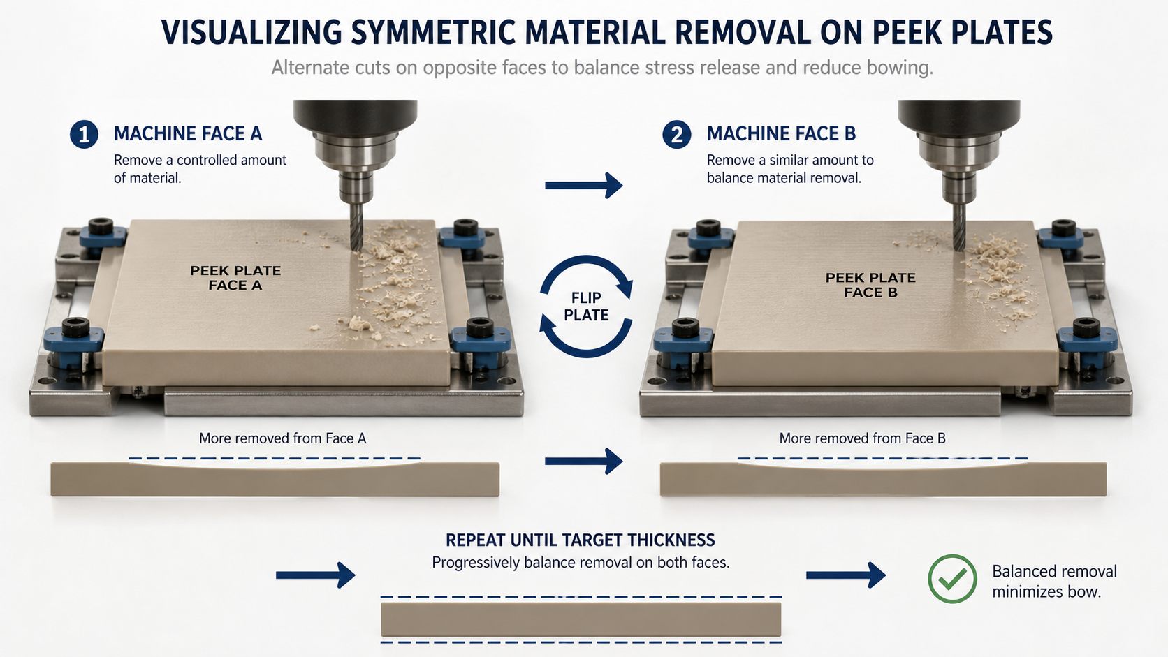 Visualizing Symmetric Material Removal on PEEK Plates A diagram showing a PEEK plate being flipped over to machine the opposite face symmetrically
