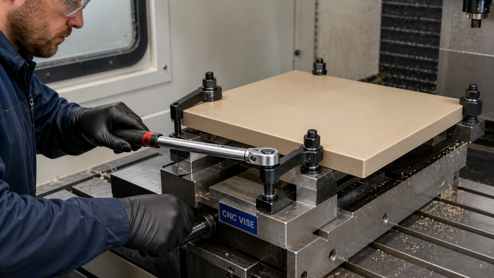 The Importance of Consistent Clamping Conditions A machinist using a torque wrench to tighten clamps on a PEEK plate in a CNC vise