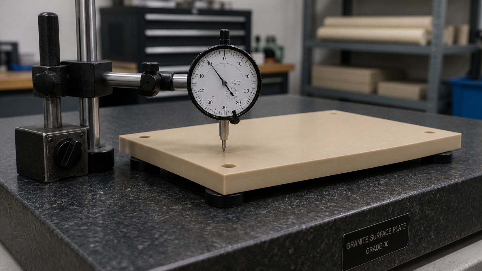 Tracking PEEK Plate Flatness After Each Cut A precision dial indicator measuring the flatness of a machined PEEK plate on a granite surface