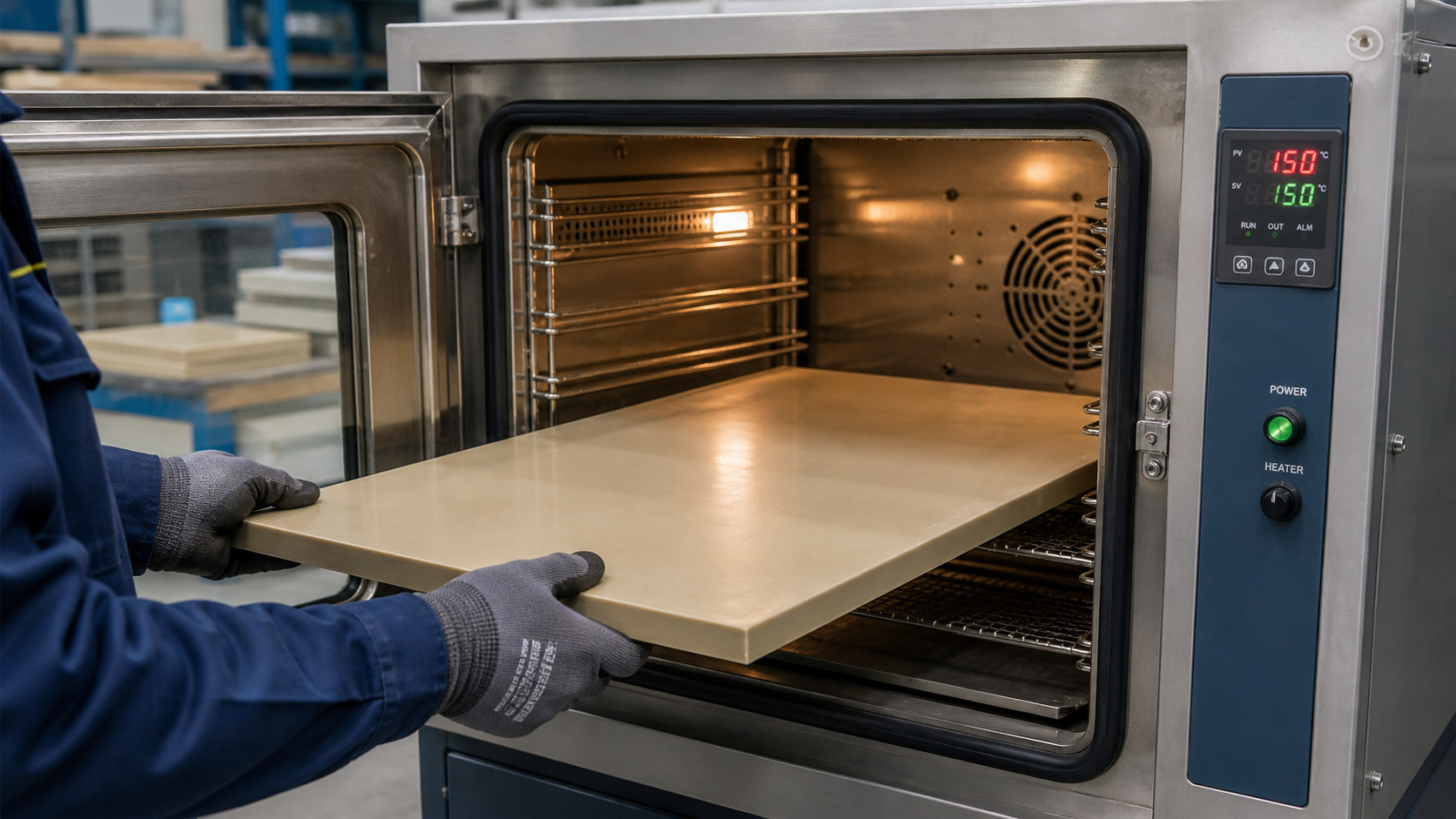 Annealing PEEK Stock to Resolve Internal Stress A glass-filled PEEK plate being placed into an industrial oven for an annealing stress relief cycle