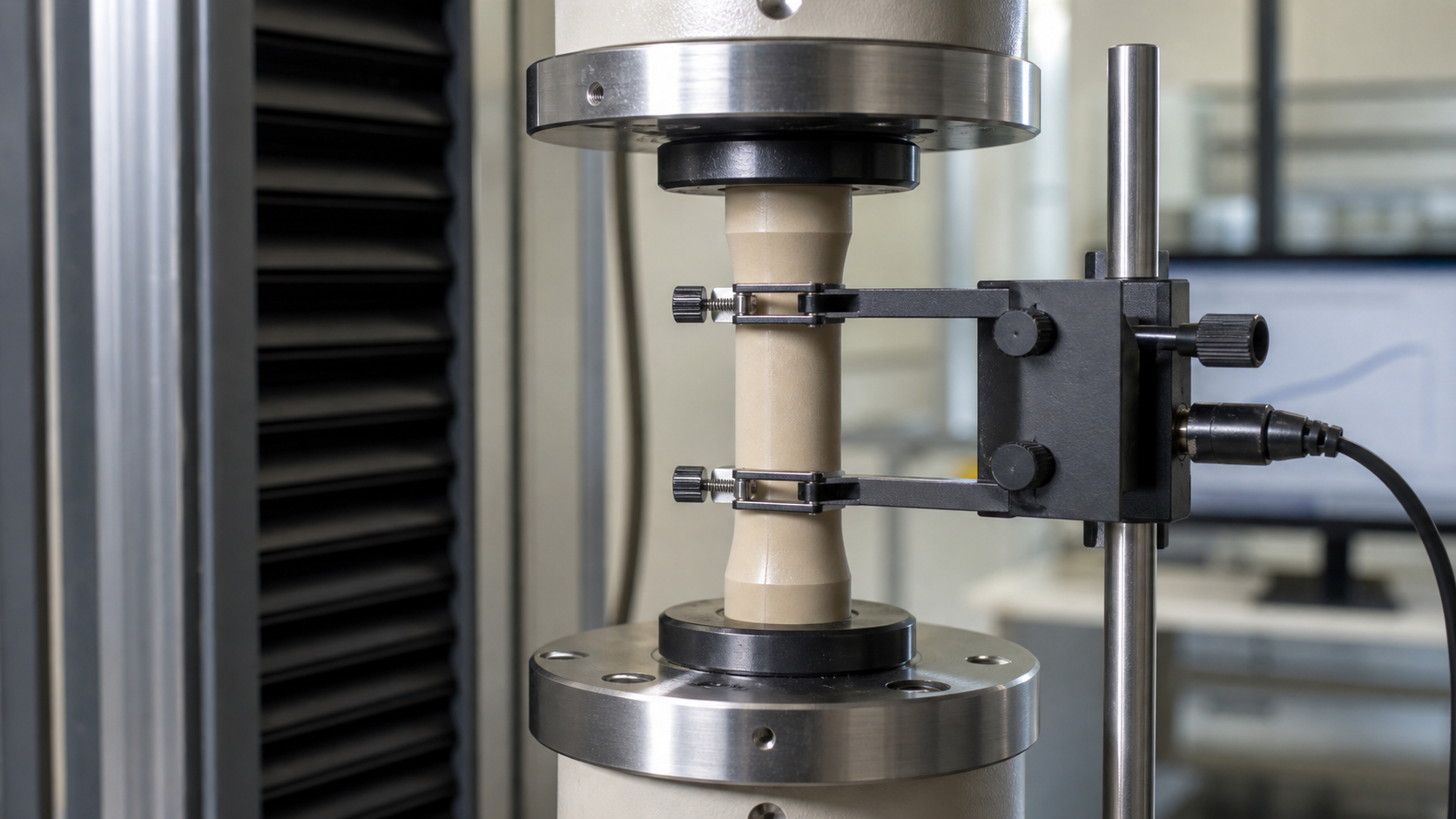 Continuously Measuring Material Strain and Creep A close-up view of an extensometer clamped onto a PEEK test specimen during a laboratory creep test.