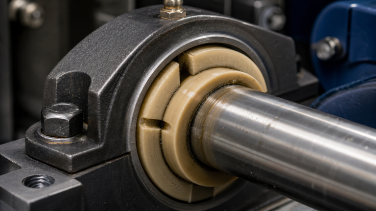 A close-up of a high-performance PAI bearing component under mechanical stress inside an industrial machine.