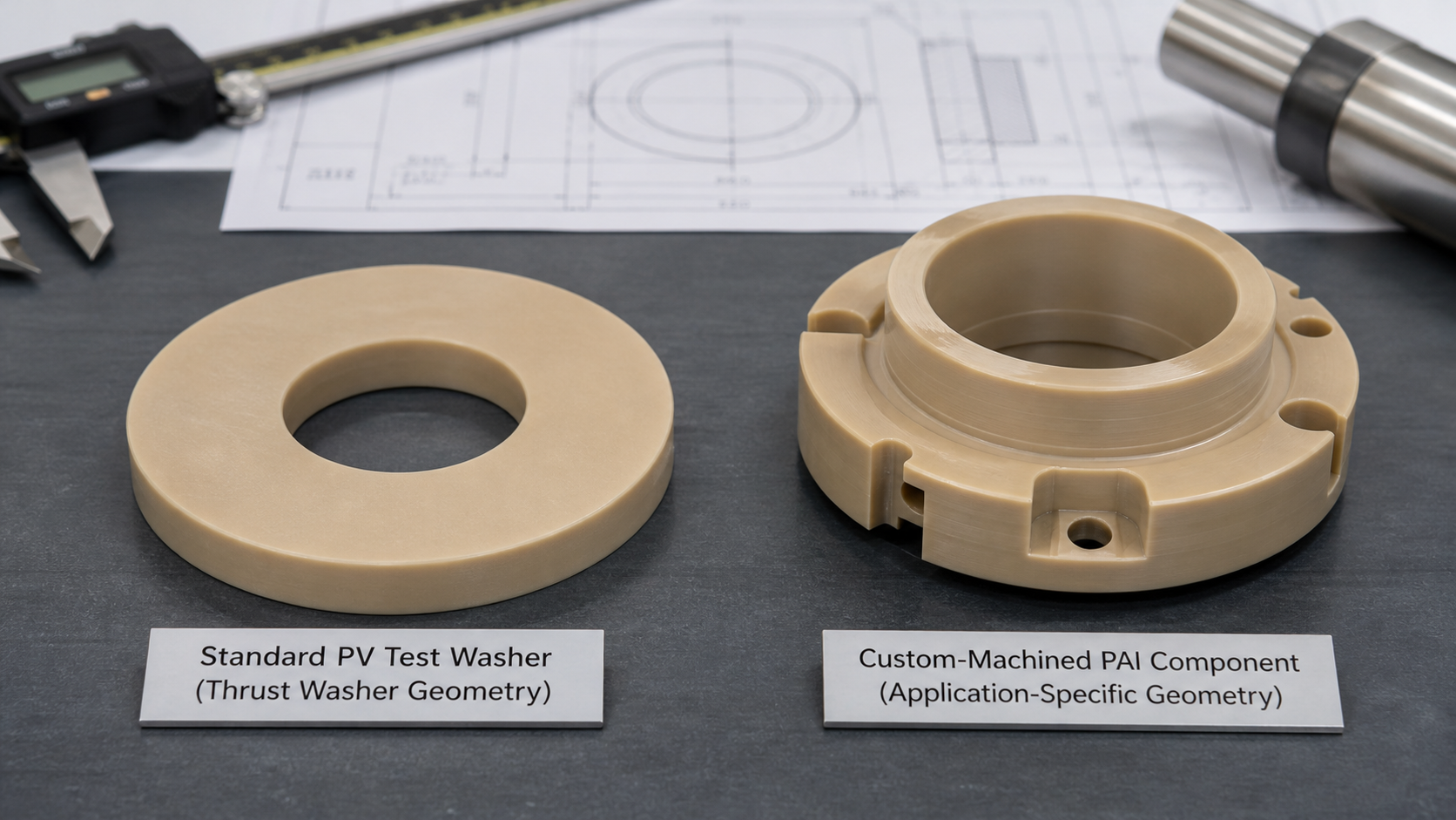 Comparing Test Geometry to Application-Specific Contact A side-by-side comparison of a standard test washer and a custom-machined PAI component.
