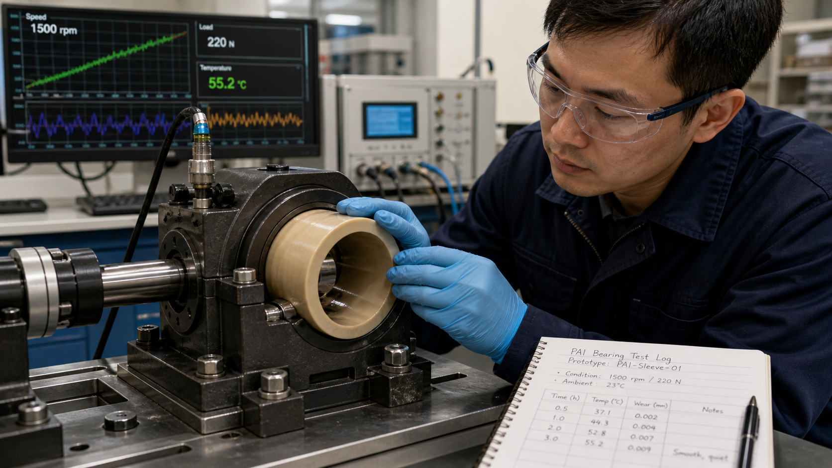 Validating Performance with Application-Specific Testing An engineer inspecting a PAI prototype part on a test rig under operational conditions.