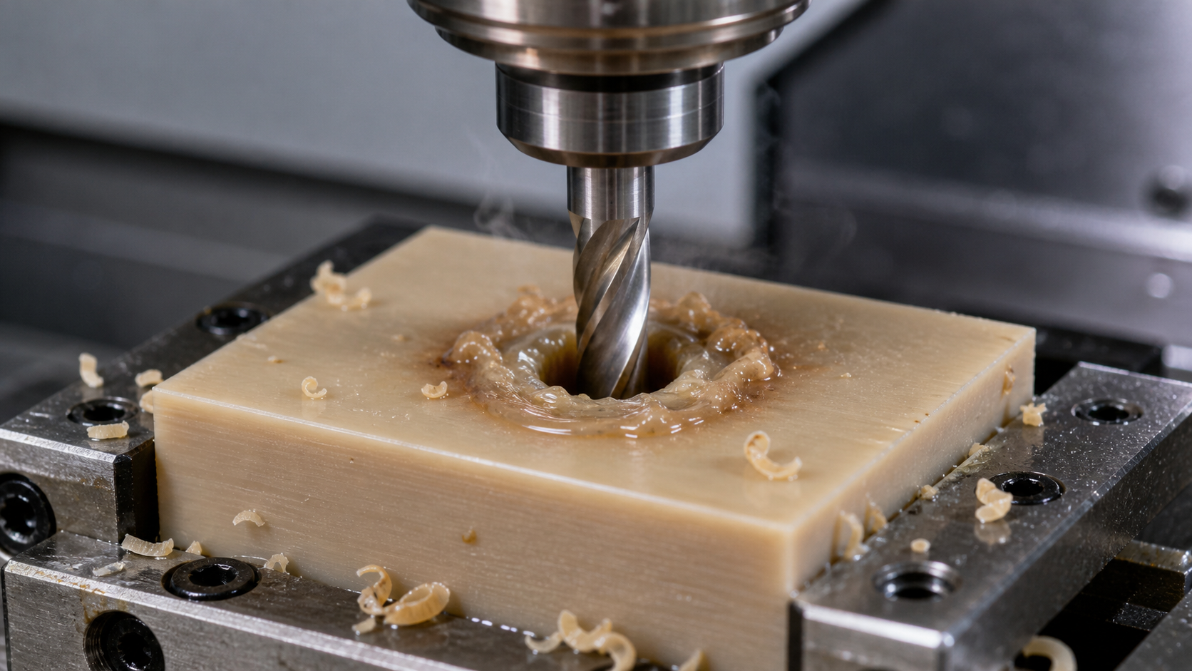 The Challenge of High-Speed PEEK Drilling A CNC machine drill bit entering a block of PEEK plastic, with visible signs of heat and melting.