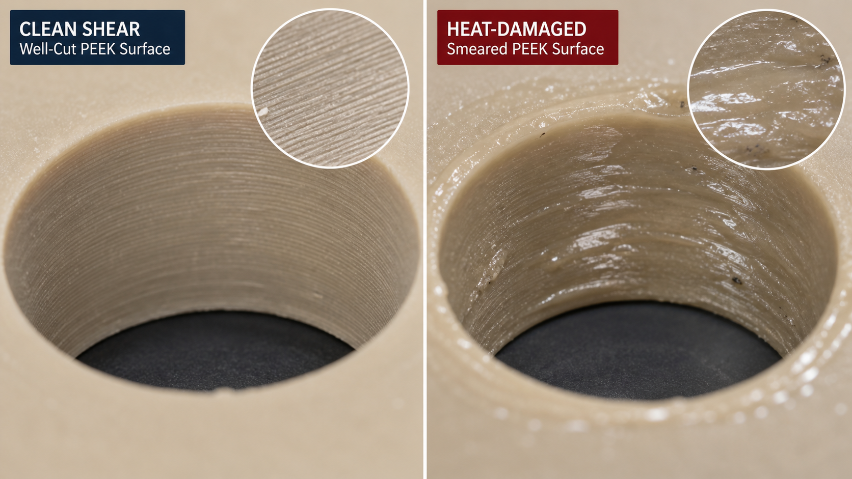 Clean Shear vs. Heat-Damaged PEEK Surface Finish A split-screen image comparing a cleanly machined PEEK surface under a microscope to a heat-smeared, glossy PEEK surface.