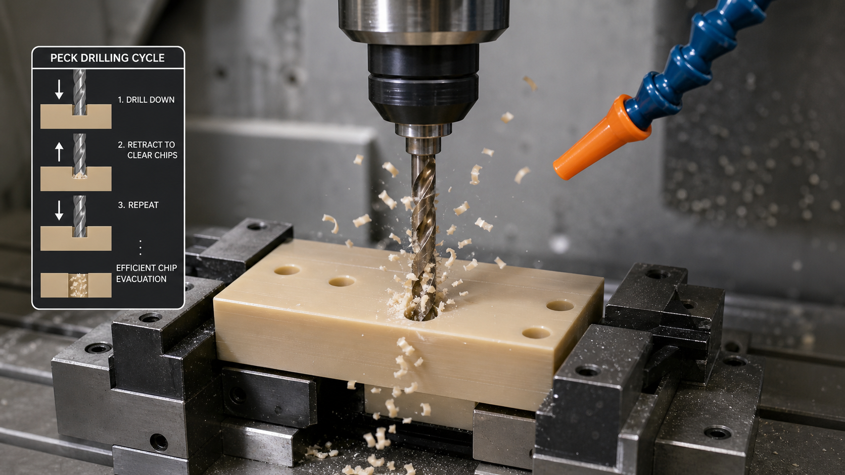 Balancing Speed, Feed, and Chip Evacuation A CNC machine's drill bit shown in a peck drilling cycle, efficiently ejecting small PEEK chips from a deep hole.