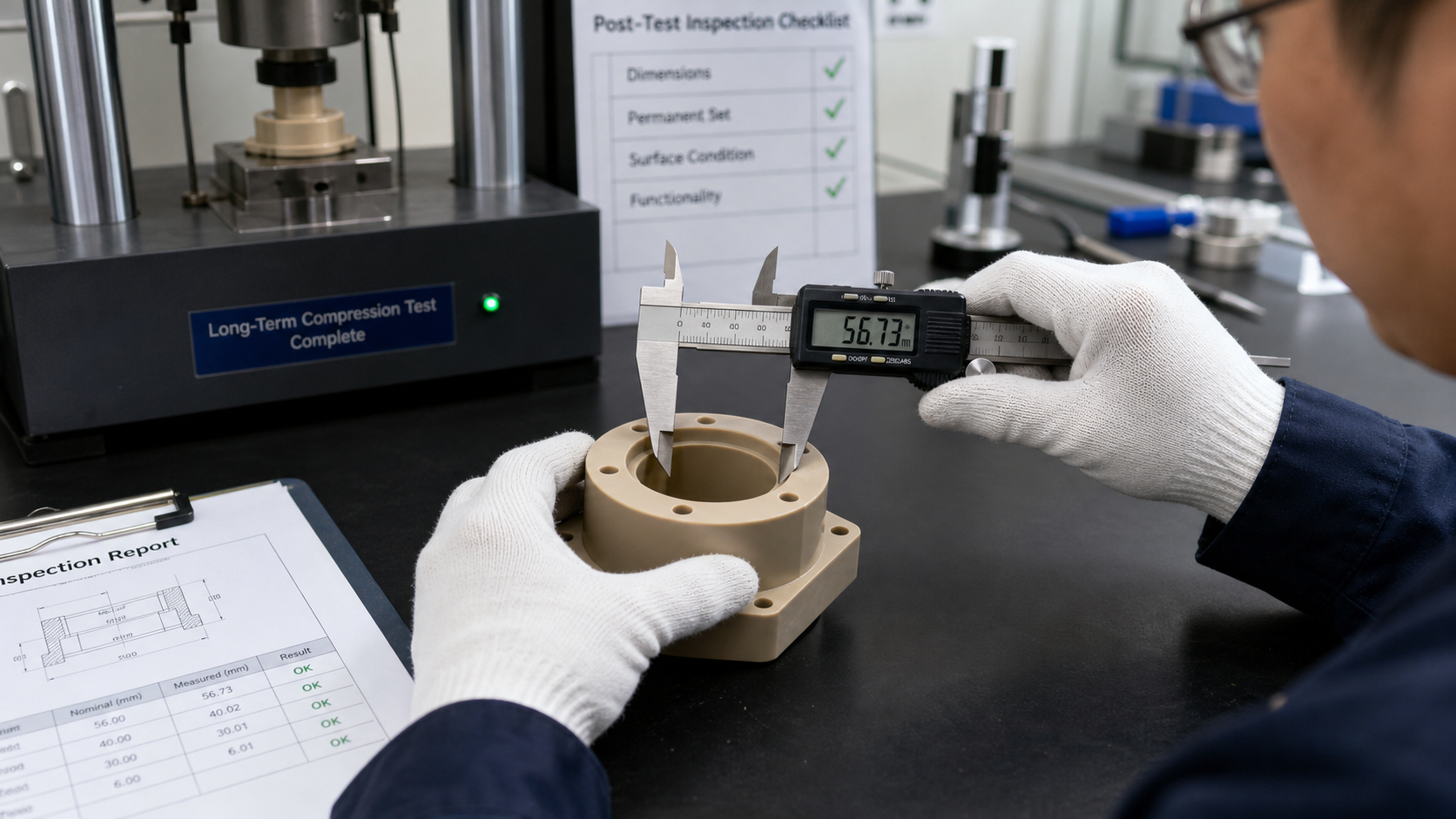 Post-Test Inspection for Retained Functionality A technician carefully measuring a custom-machined PEEK component with digital calipers after a long duration test.
