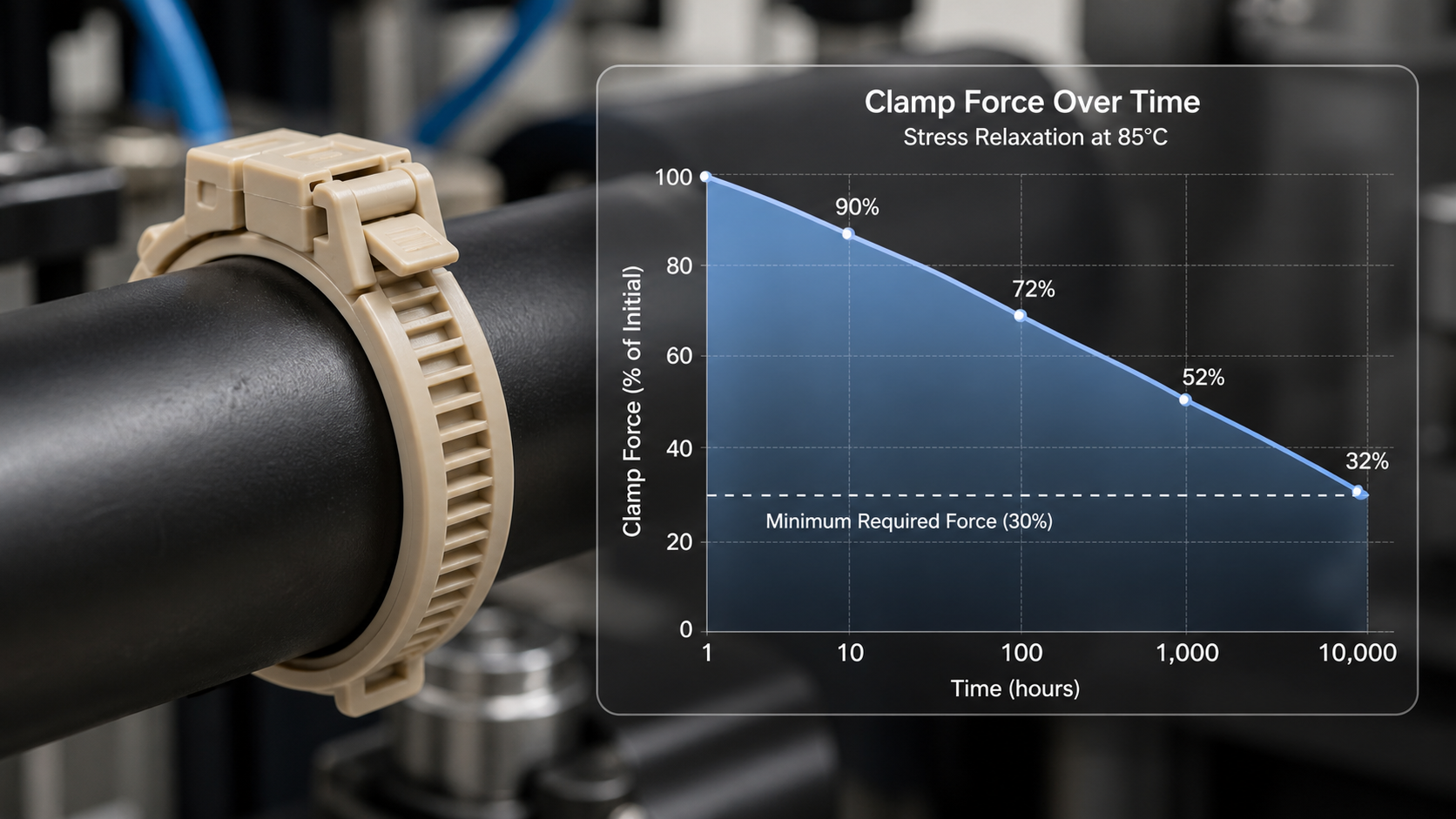 A plastic hose clamp on a tube with a transparent graph overlay showing force decreasing over time.