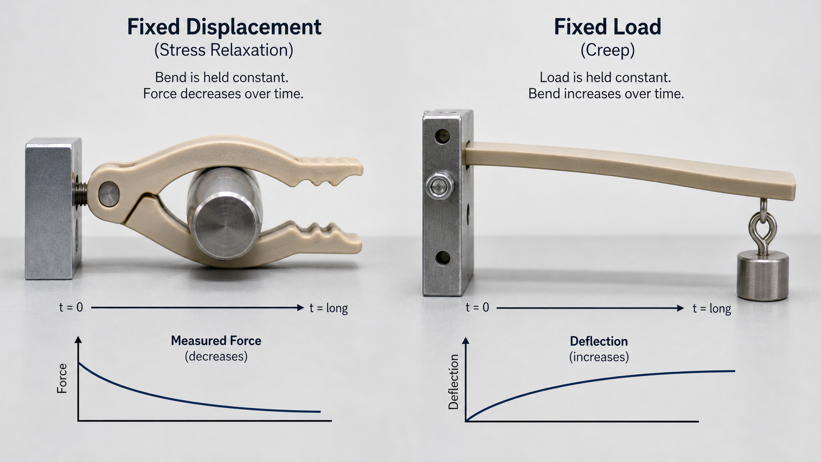 A side-by-side diagram comparing a bent plastic clamp under fixed displacement with a plastic bar bending under a constant weight.