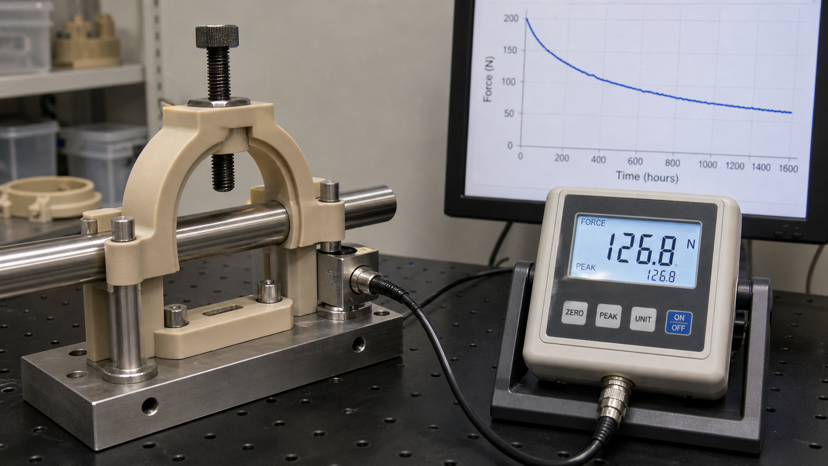 A lab test fixture with a PEEK clamp tightened around a rod, connected to a digital force gauge.