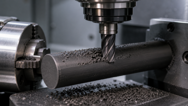A close-up of a CNC machine's end mill cutting into a rod of dark ceramic-filled PEEK material