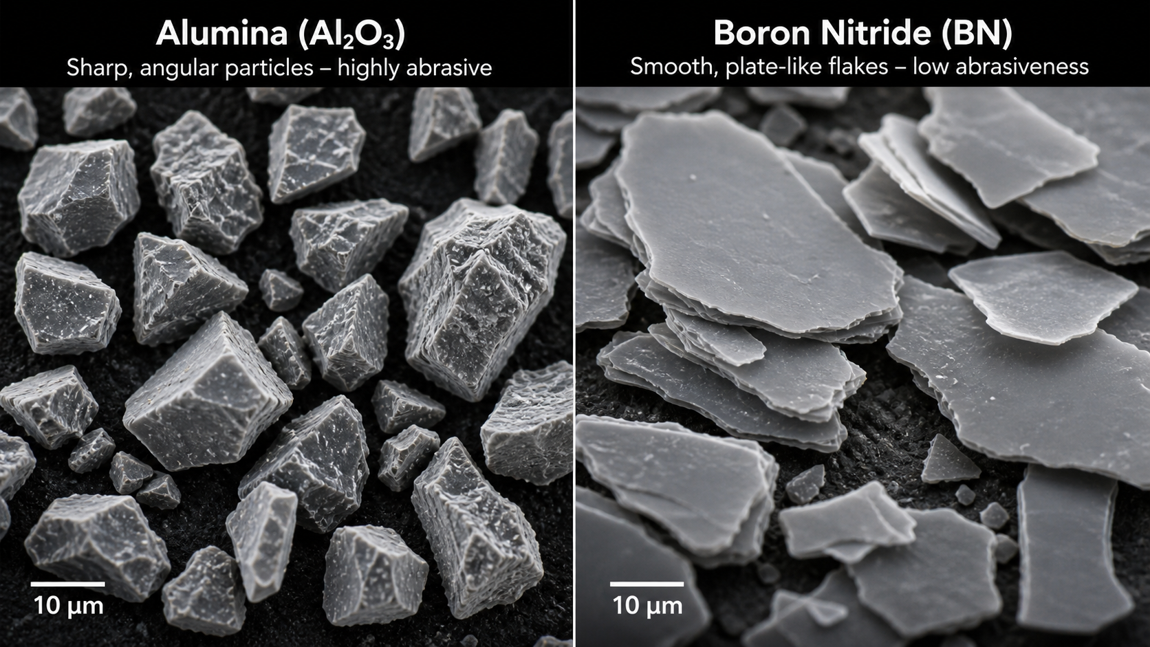 Identifying Different Ceramic Fillers in PEEK A magnified, side-by-side comparison of different polymer fillers: sharp alumina particles versus smoother boron nitride flakes