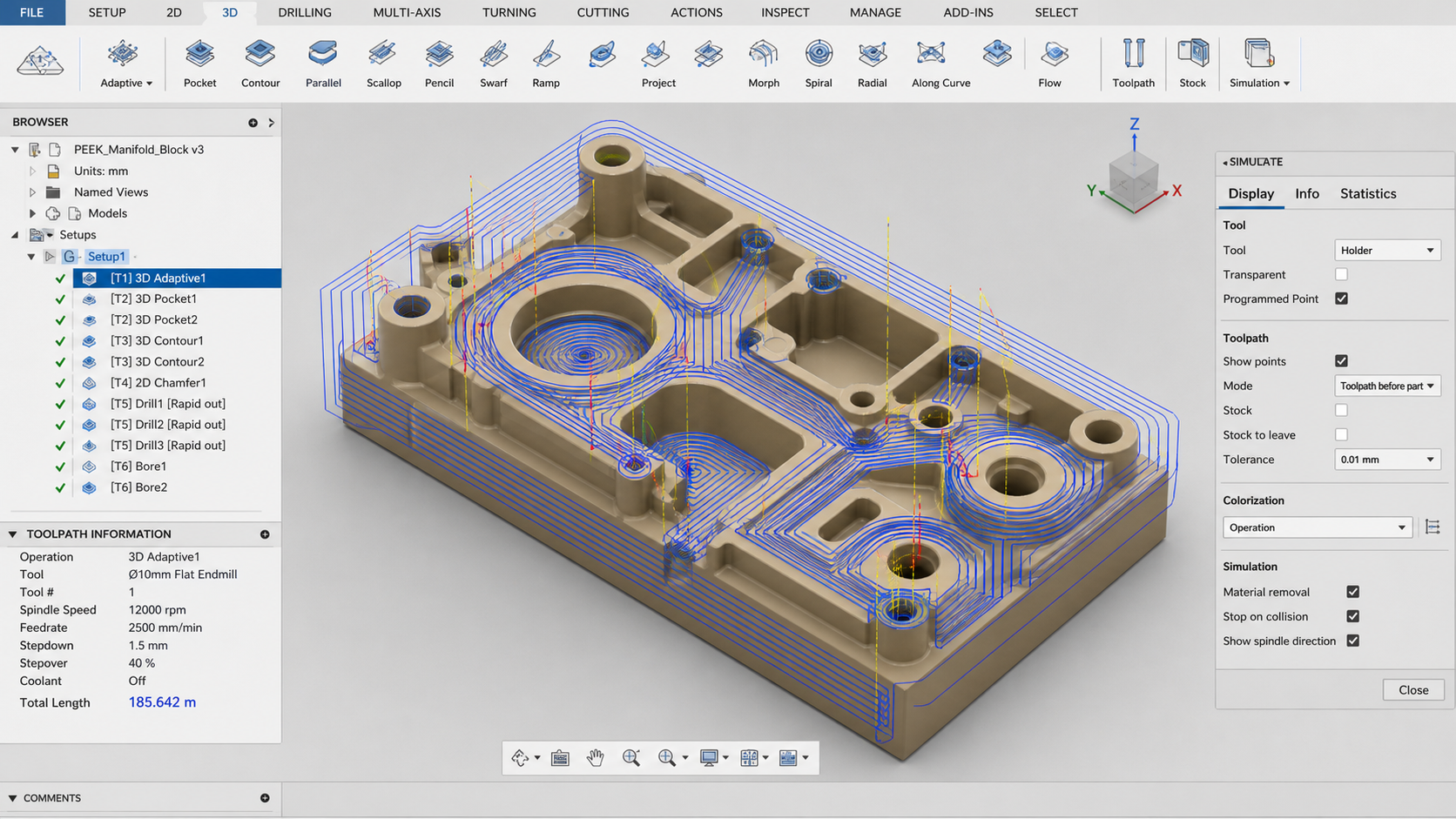 Calculating Toolpath Length to Predict Wear A screenshot from CAM software highlighting the calculated blue toolpath over a complex PEEK component